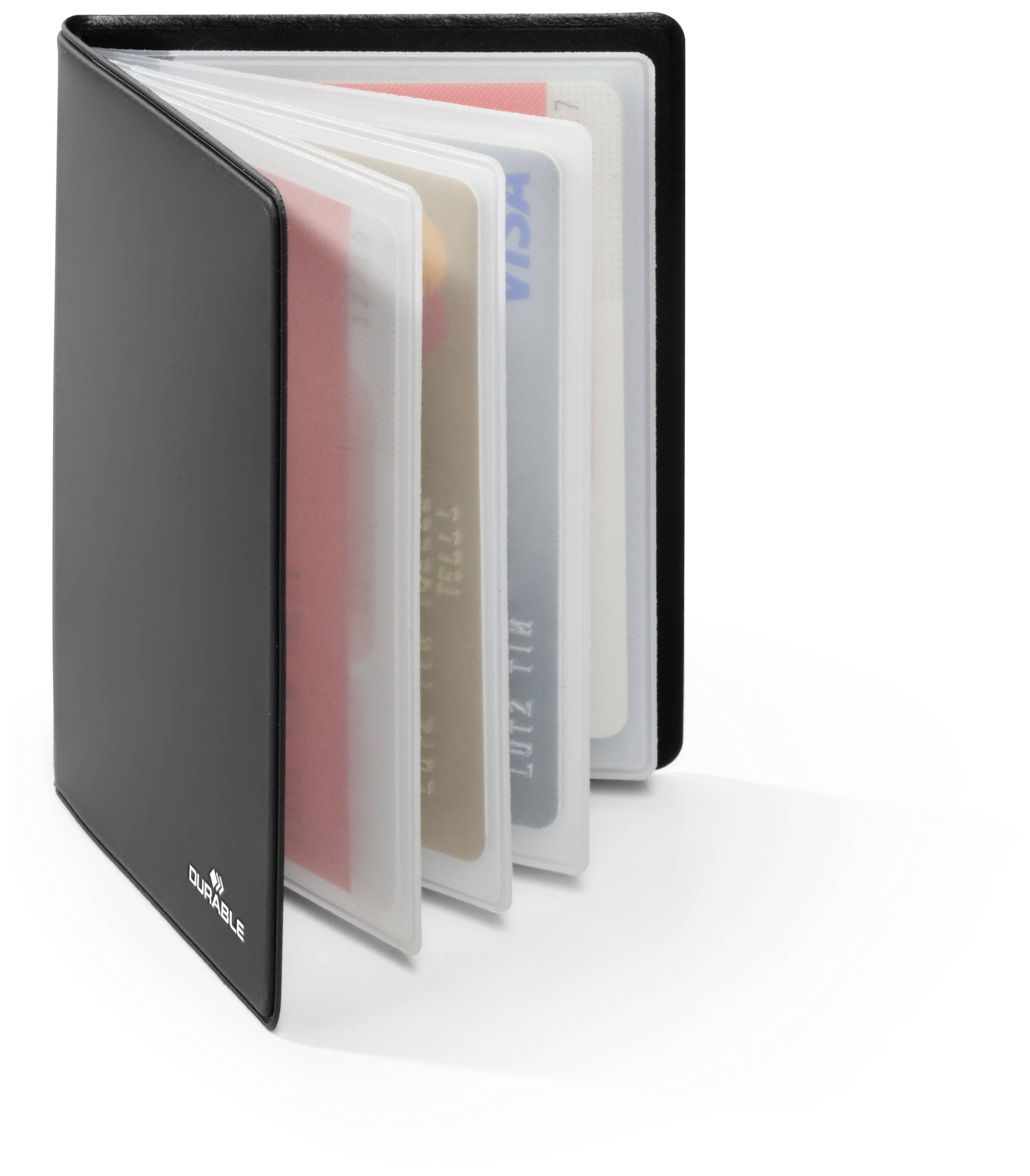 A black card holder with several transparent sleeves, containing debit, credit or ID cards.