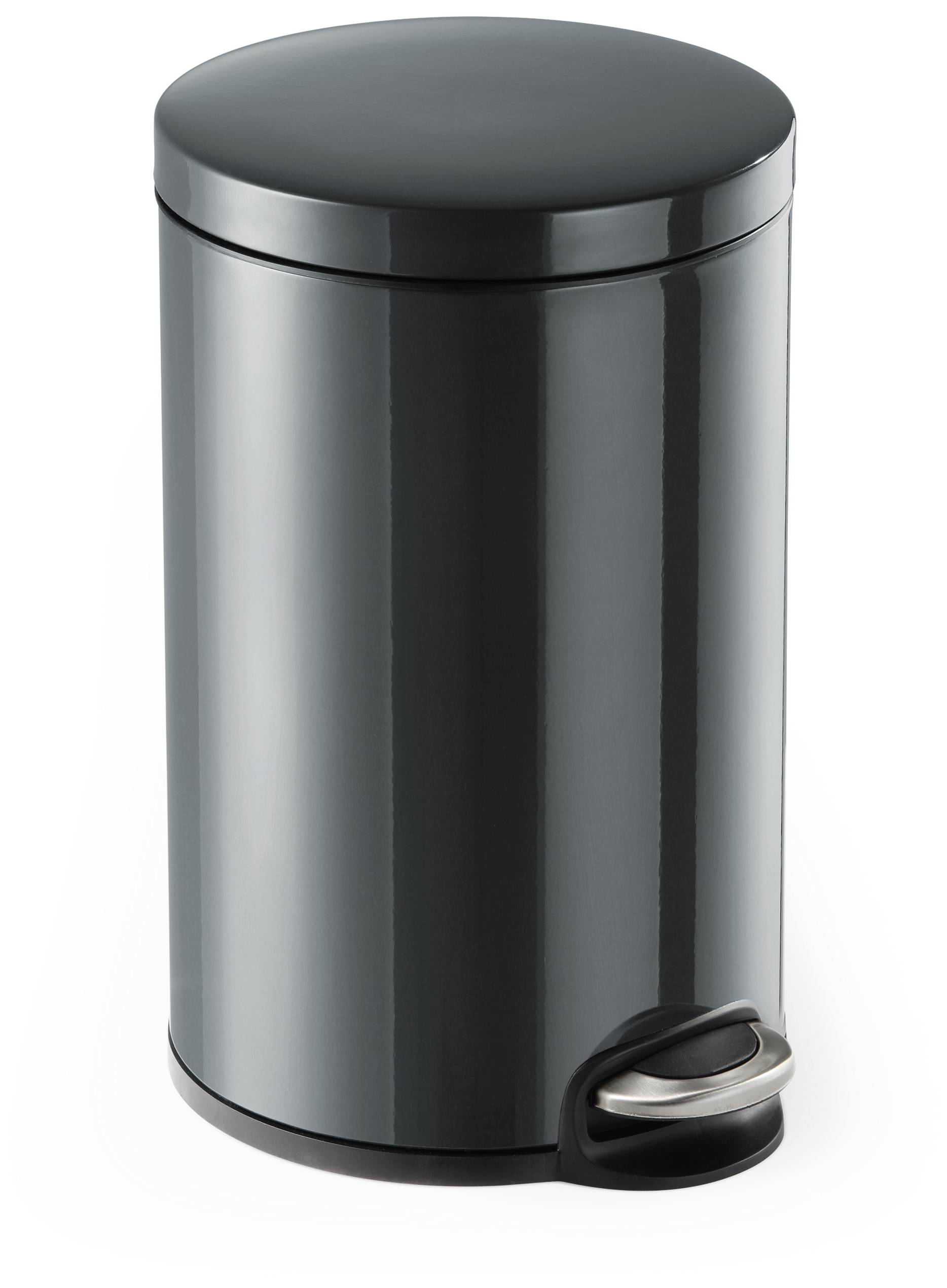 A round, grey rubbish bin with a foot pedal at the bottom edge.