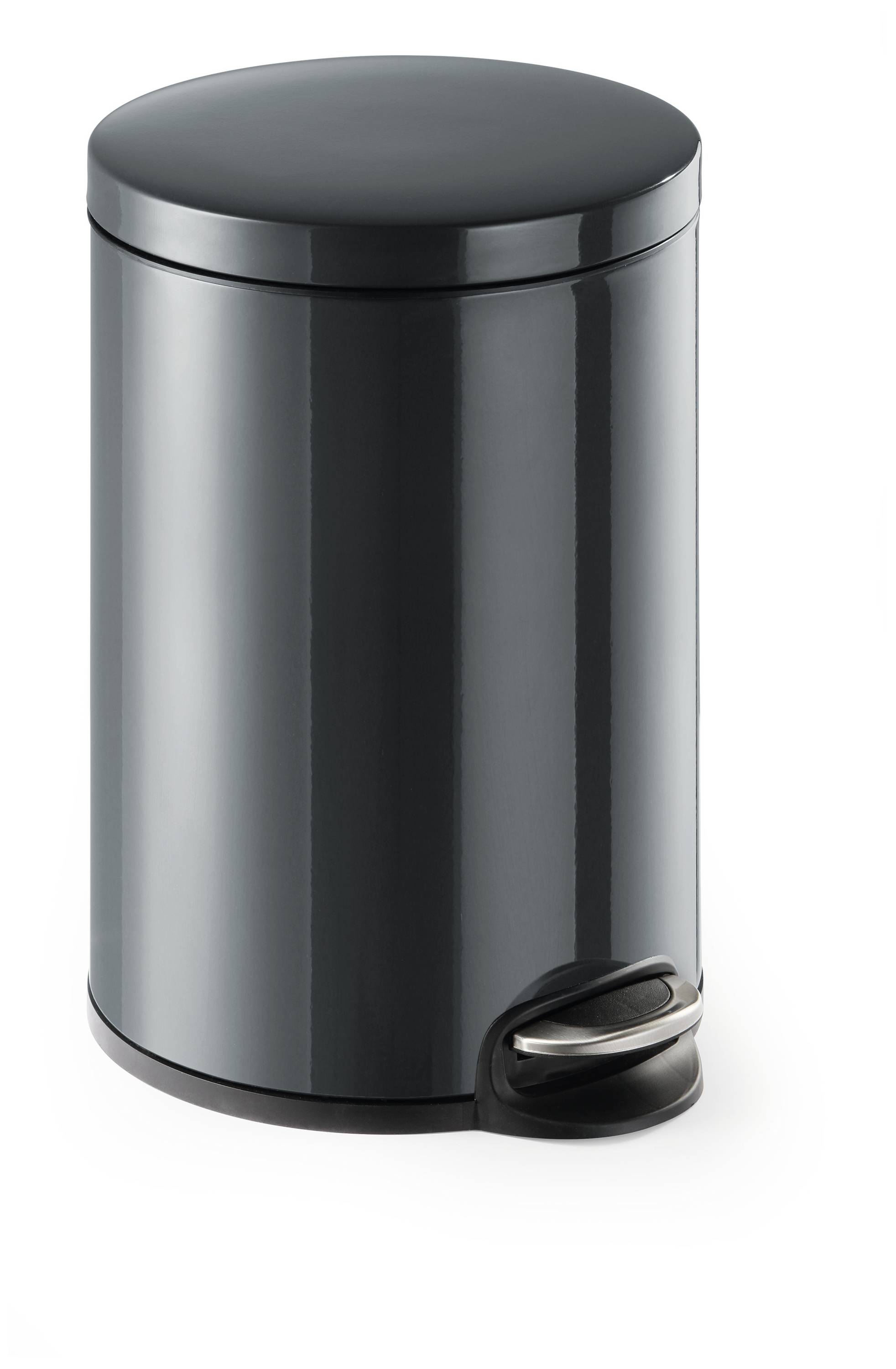 Black pedal bin with a round lid. Ideal for bathrooms or small spaces.