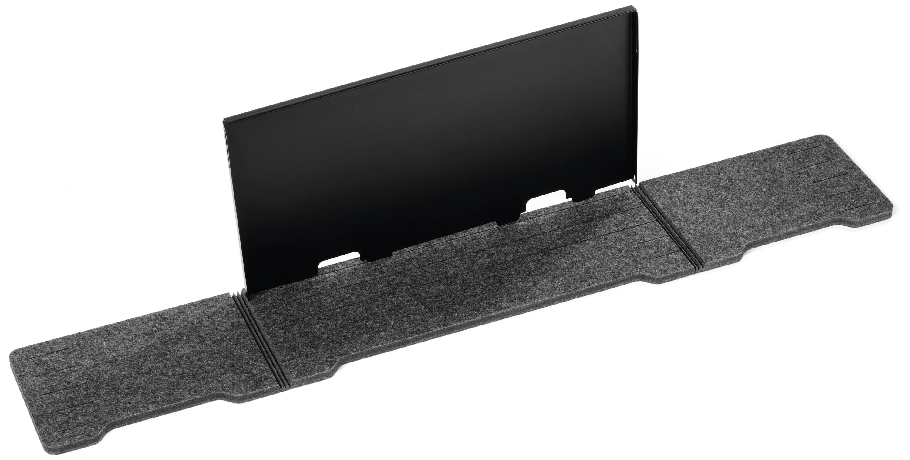 A black partition with grey, padded flaps on both sides, presumably for room division or organisational purposes.