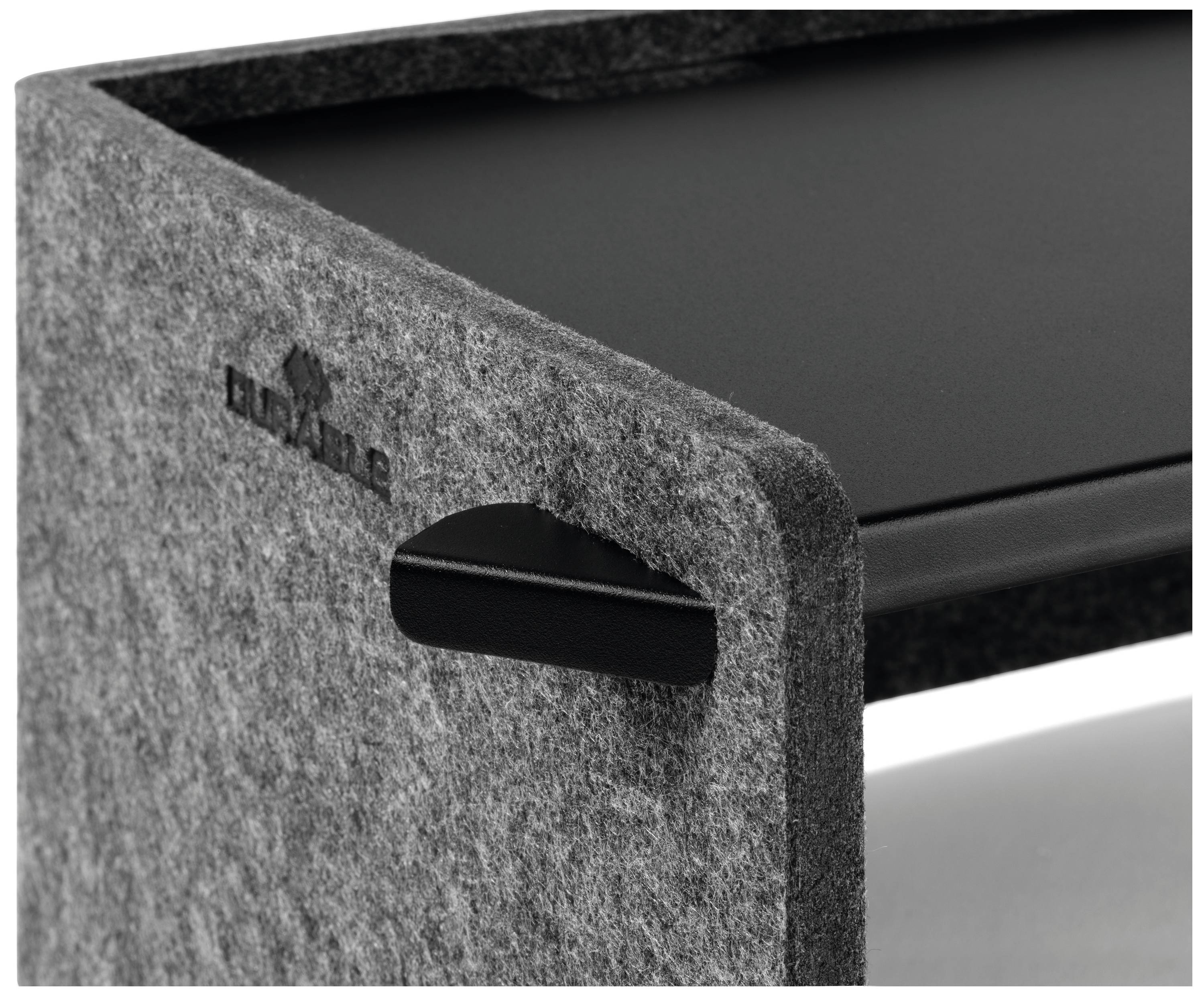 Grey felt organiser with black storage surface, brand logo engraved in the top left corner, suitable for home office storage.
