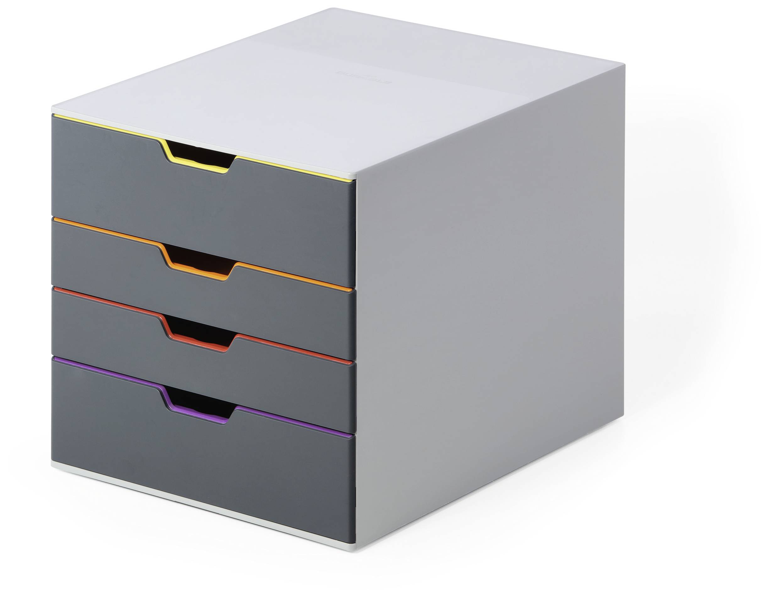 A grey drawer unit with four differently coloured, horizontal grip areas: yellow, orange, red, and purple.