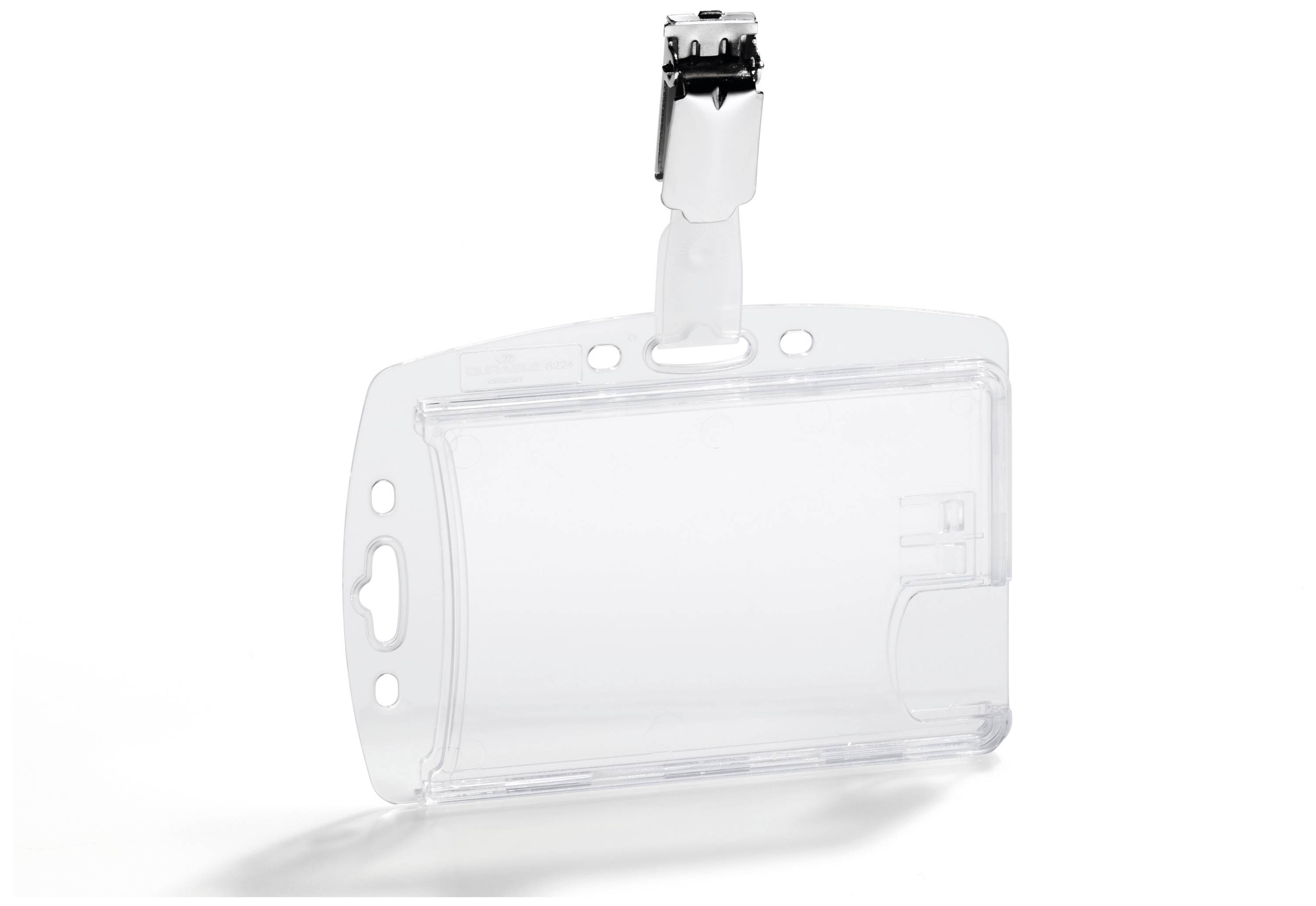 A clear plastic card holder with a metal clip at the top, suitable for ID cards or name badges.