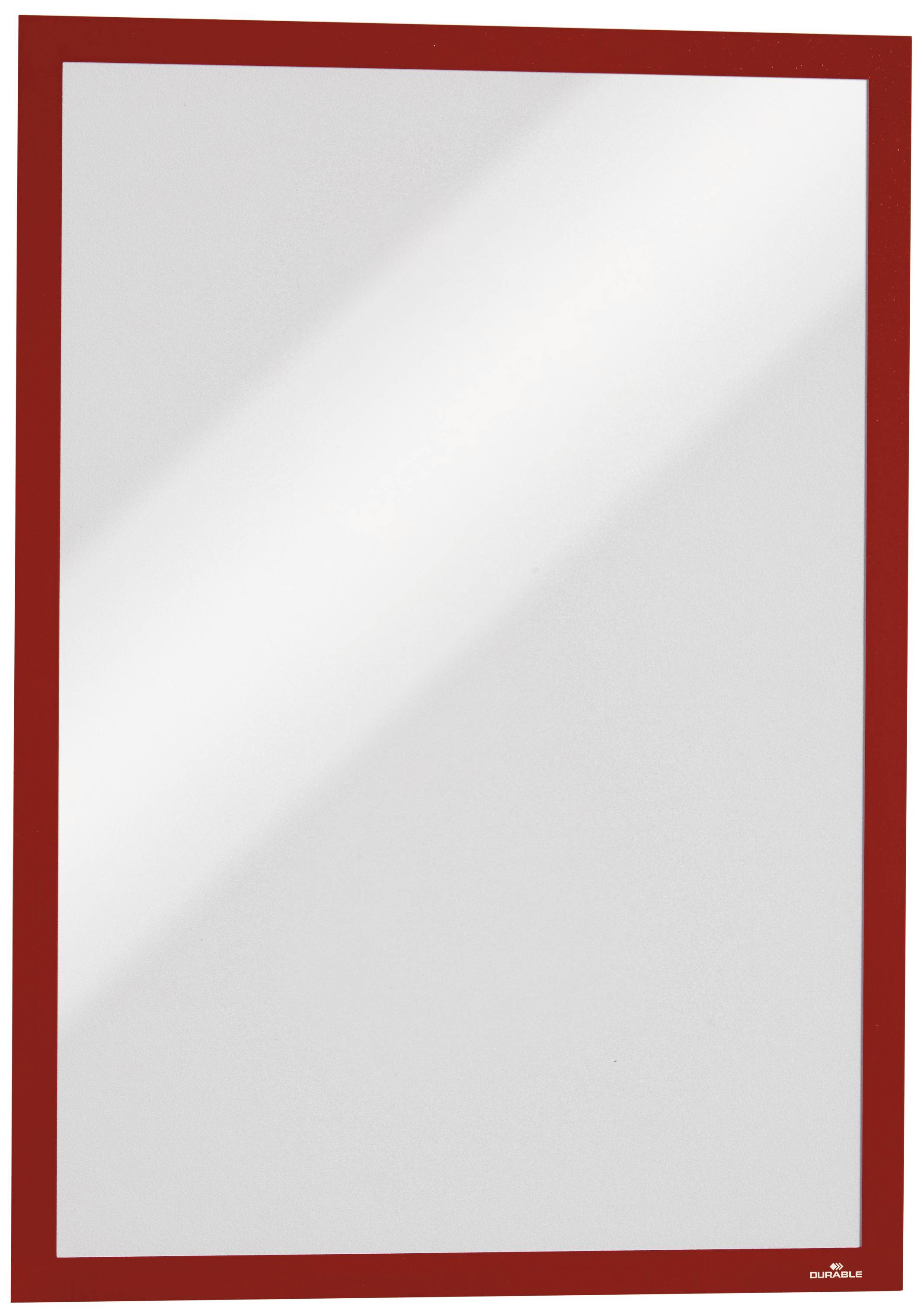 A rectangular mirror with a red frame, standing upright. The mirror reflects light and has a slightly diagonal line.