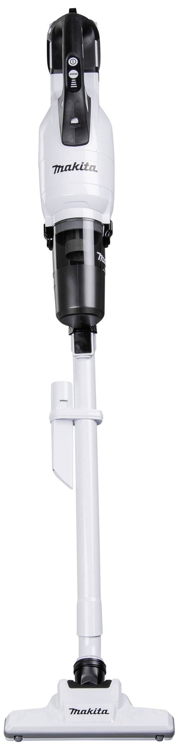 A white, cordless stick vacuum cleaner by Makita stands upright. It is used for floor cleaning.