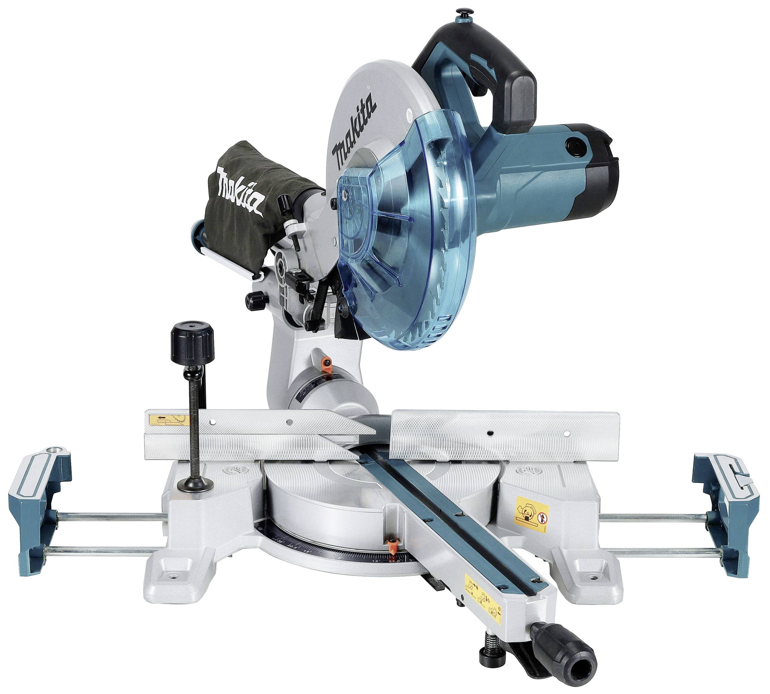 Circular saw with a blue protective shield and built-in dust bag on a white base, suitable for precise cutting of materials.