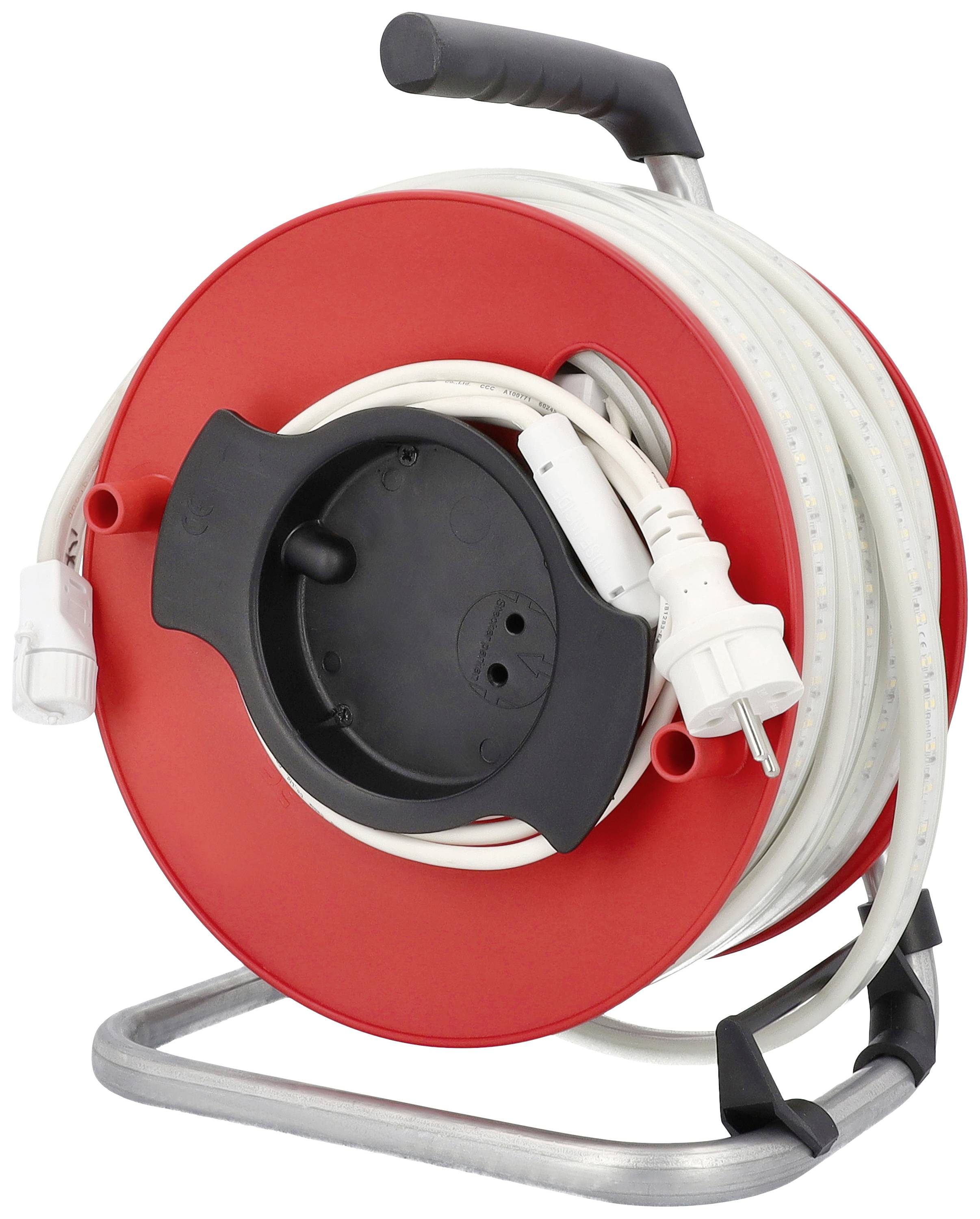 A red cable reel with a white cable wound around it and a handle. It stands on a metal frame, ready for use.