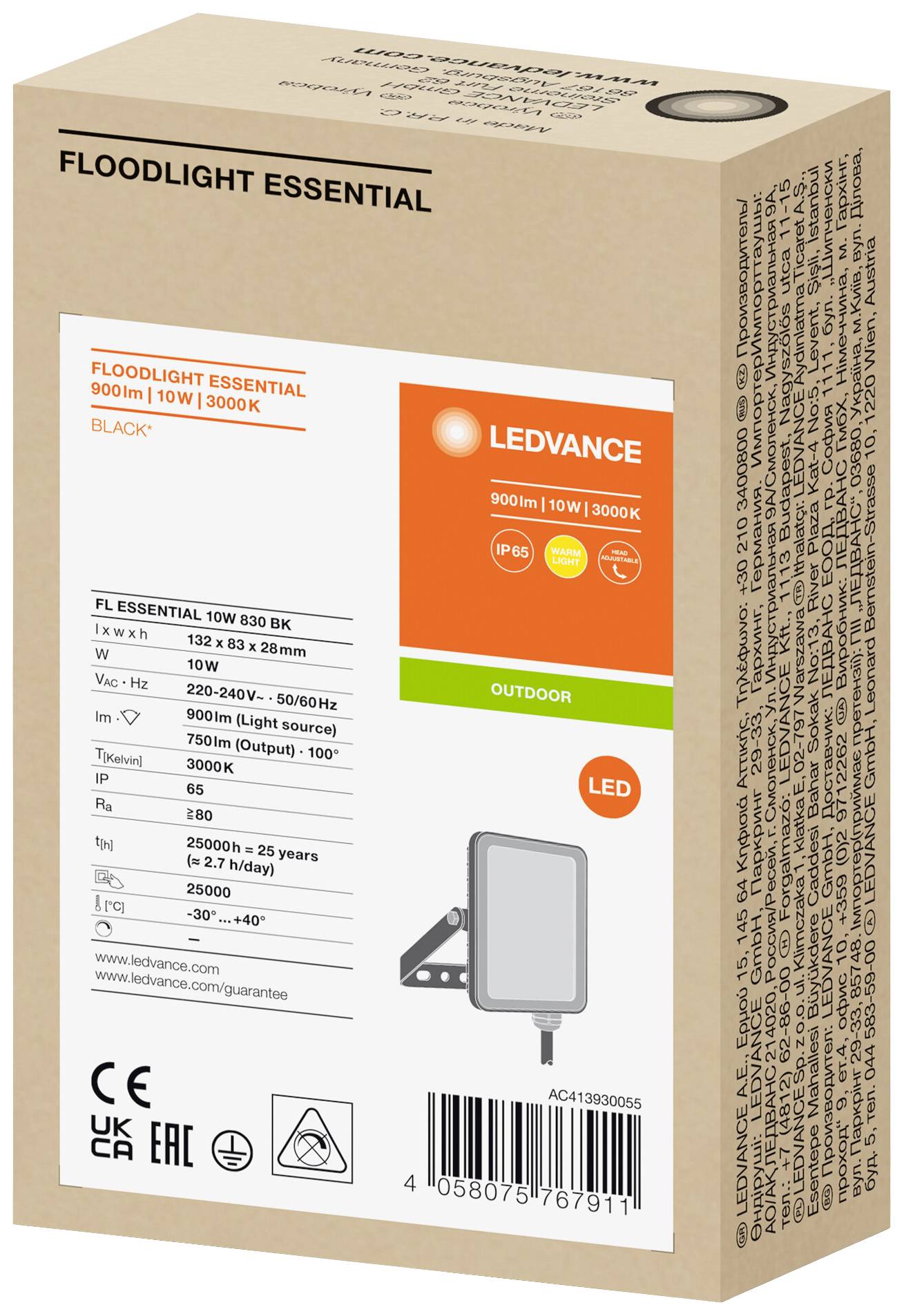 LEDVANCE FL Essential 4058075767911 LED floodlight 10 W Colours (LEDs): Warm white
