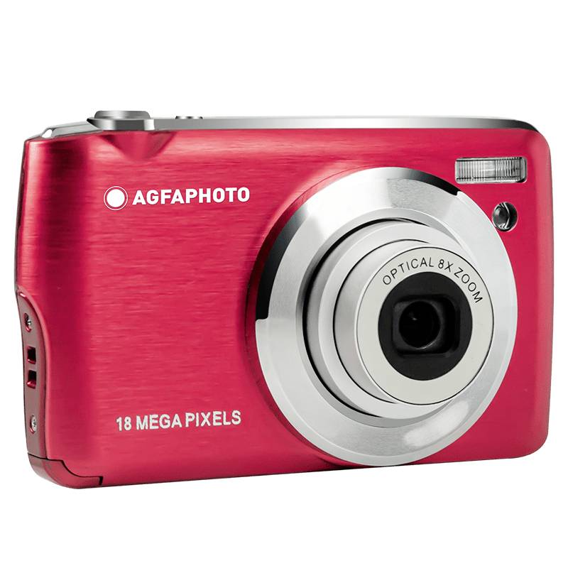 Red digital camera with the inscription 'Agfaphoto 18 Megapixels', silver lens with 'Optical 8X Zoom'. Front view.