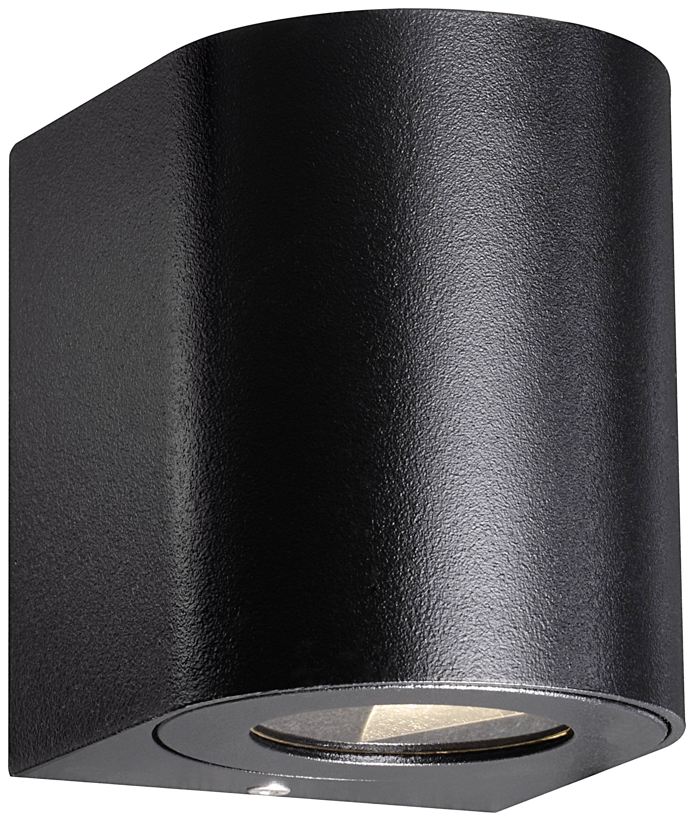 Black, curved exterior wall light with downward-facing light beam. Suitable for modern building facades.