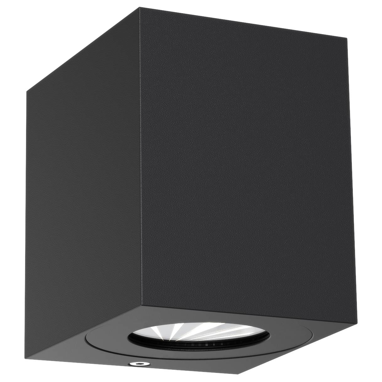 Black, rectangular ceiling spotlight with visible lens, mounted on the ceiling.