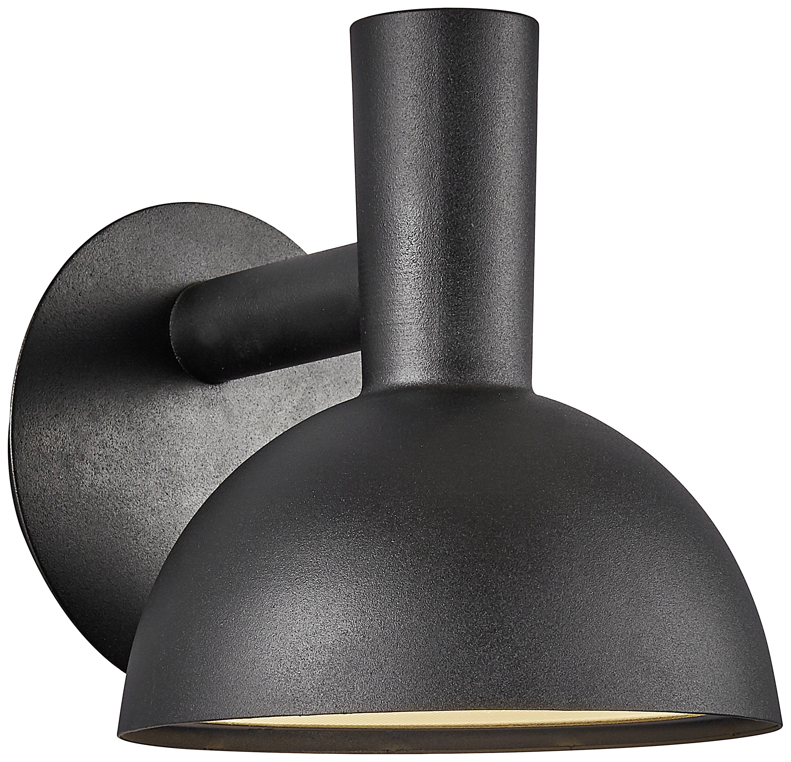 Black wall light with a round shade, simple, modern design, suitable for interior lighting. Light beam directed downwards.