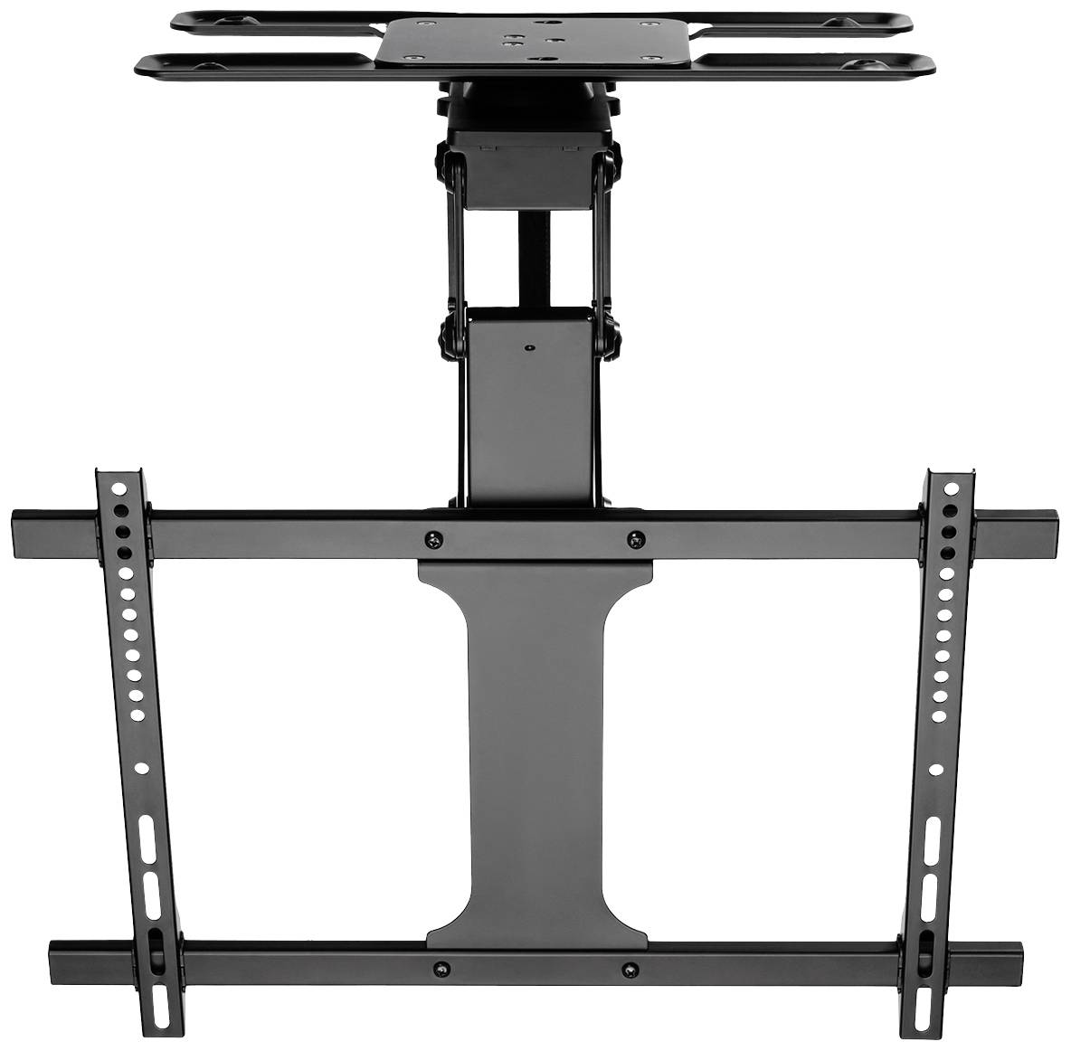 Ceiling-mounted TV bracket. Black metal, adjustable arms, suitable for various TV sizes.
