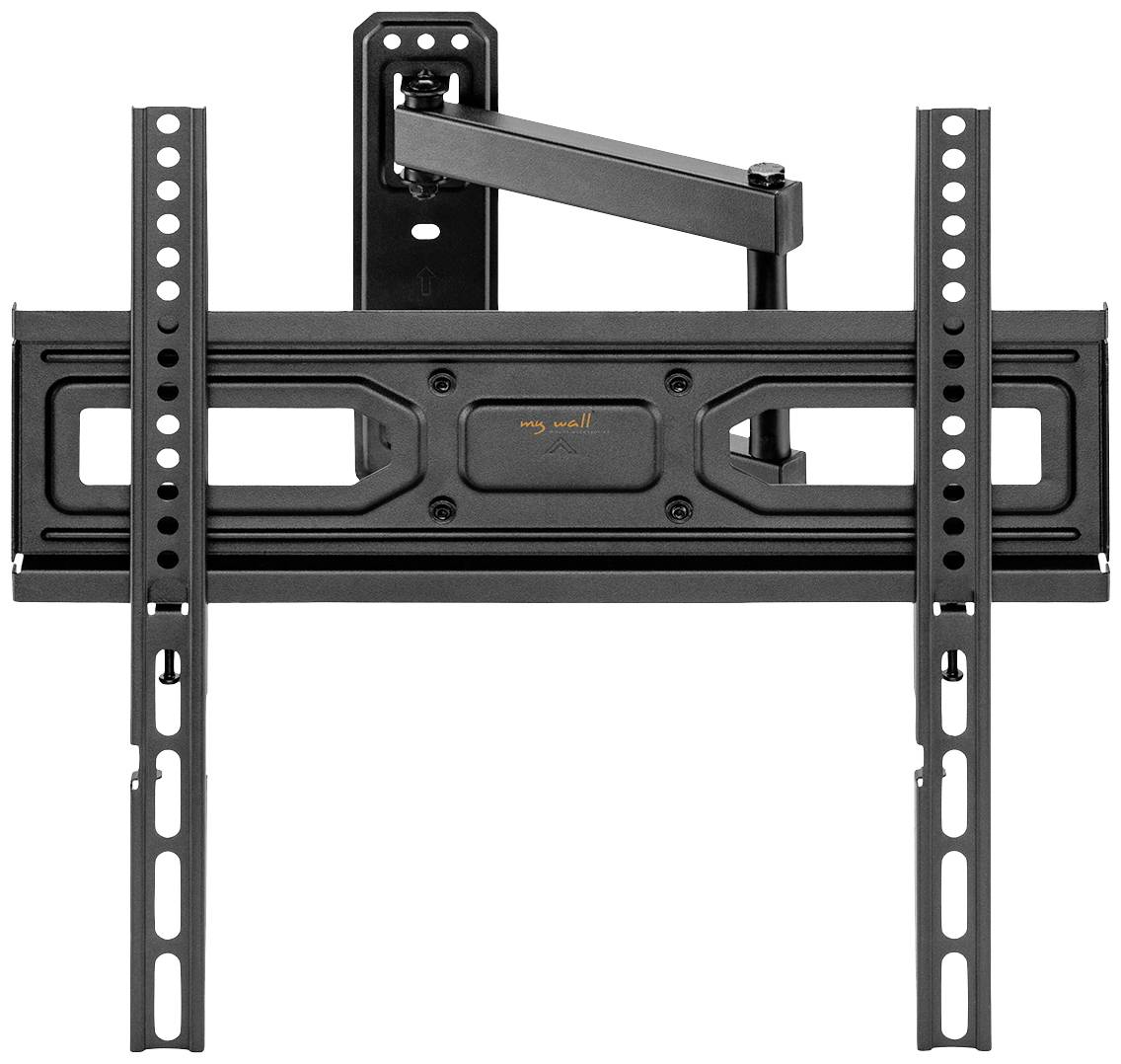 A black TV wall mount with an adjustable arm, suitable for flat-screen televisions. It is mounted on a wall.
