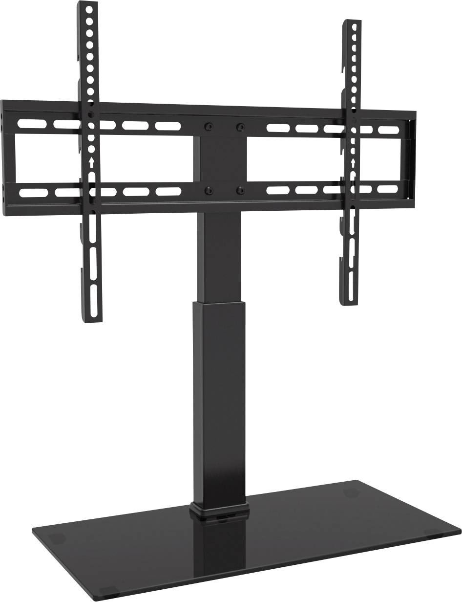 A black TV stand with an adjustable mount on a rectangular base. Ideal for securely positioning a television set.