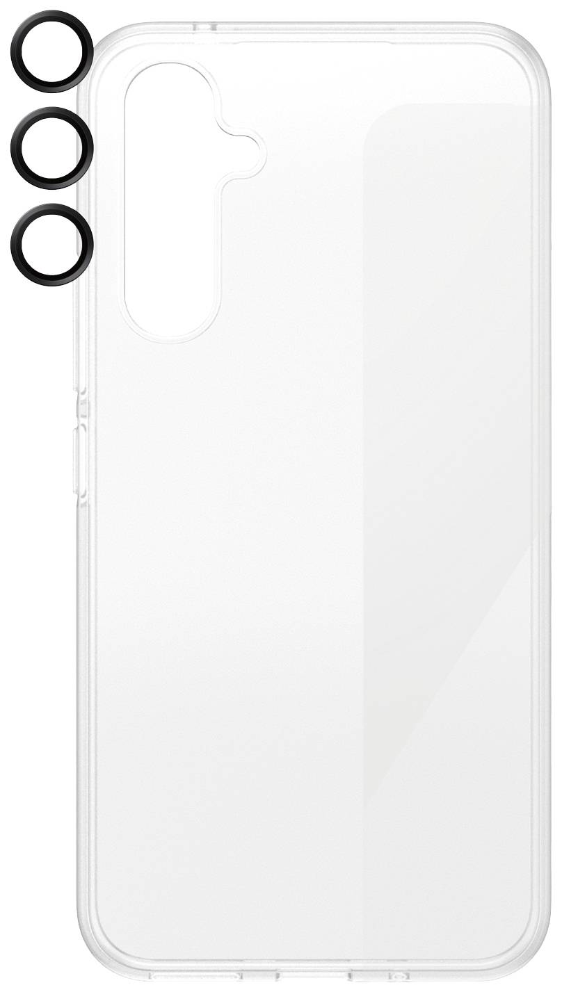 Transparent mobile phone case with openings for three camera lenses on the upper left side.