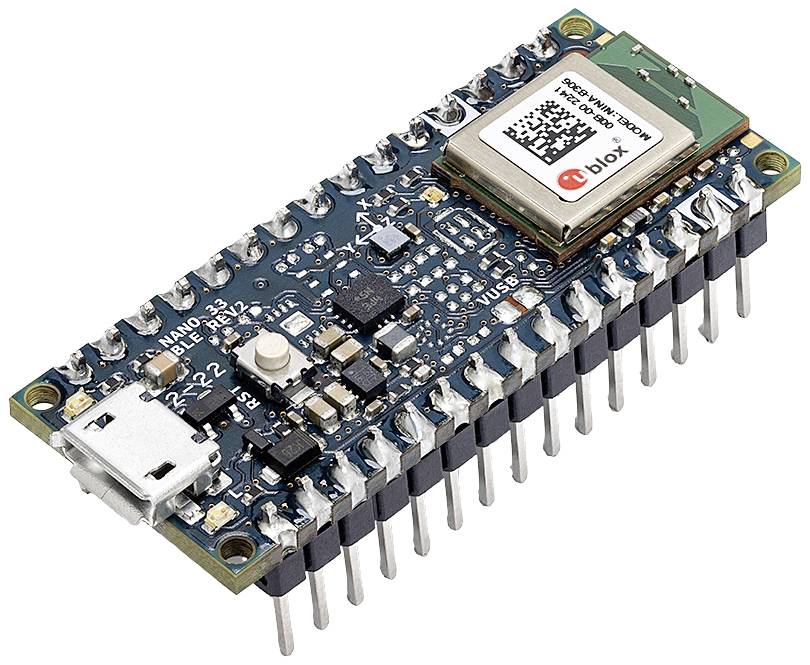 A microcontroller board with a USB port, numerous pins and a built-in module on the top side for Bluetooth connectivity.