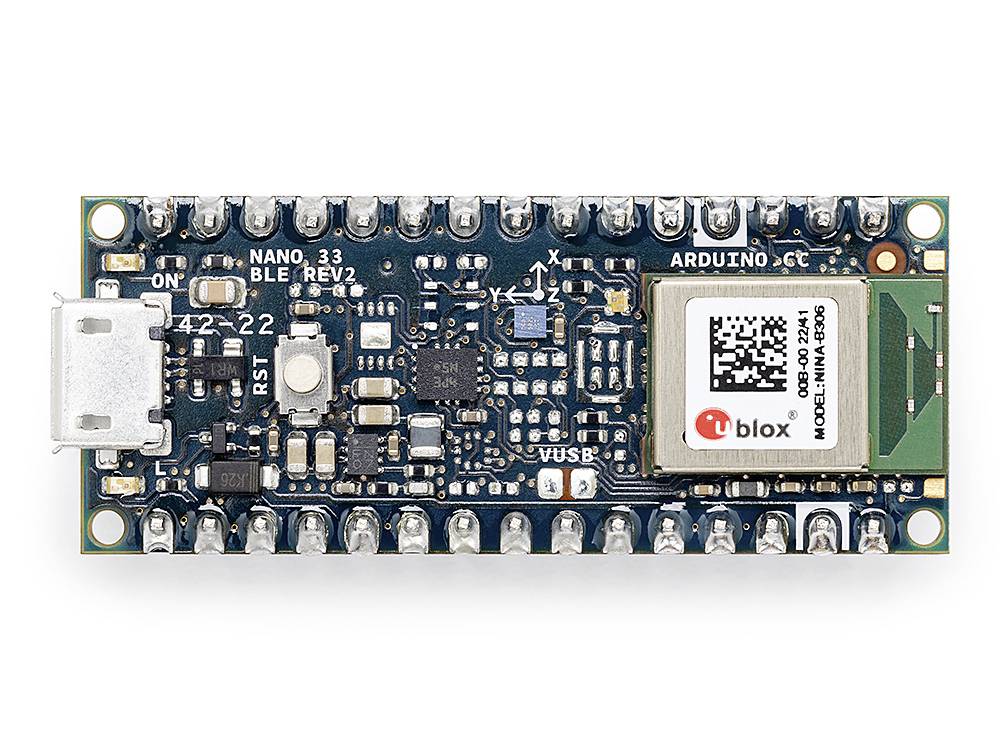 Arduino Nano 33 BLE microcontroller board with integrated Bluetooth module, mini USB port and numerous pins for circuit development.
