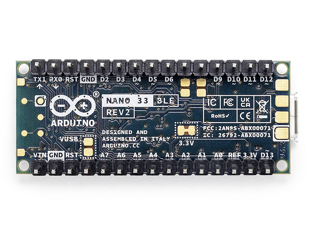 Microcontroller board Arduino Nano 33 BLE with connections and labels. Developed and manufactured in Italy.