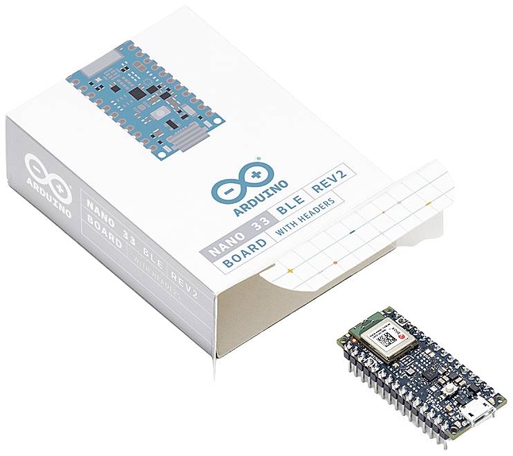 Arduino Nano 33 BLE in an opened package. The small development board has a green circuit board with numerous connectors.