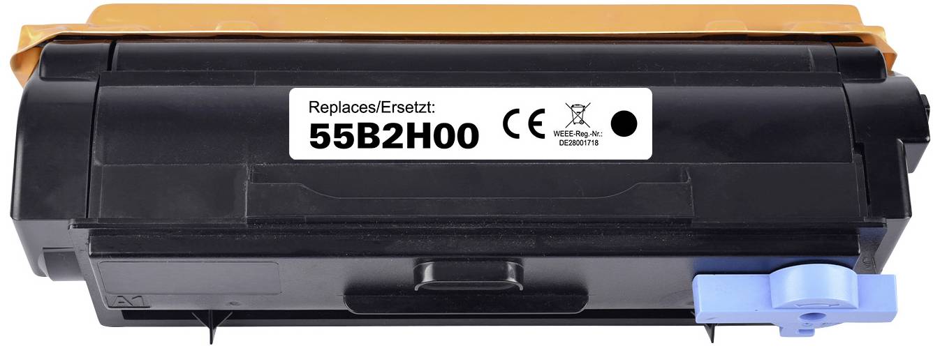 Black printer cartridge with the inscription 'Replaces/Replaces: 55B2H00'. Contains symbols for recycling and safety markings.