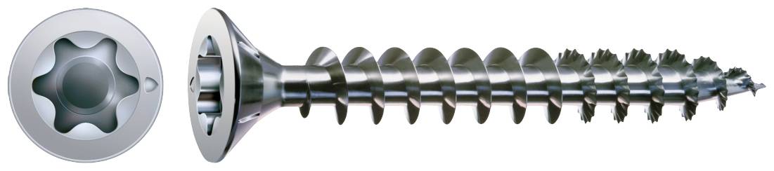 Torx-head wood screw, top and side view, suitable for woodworking.