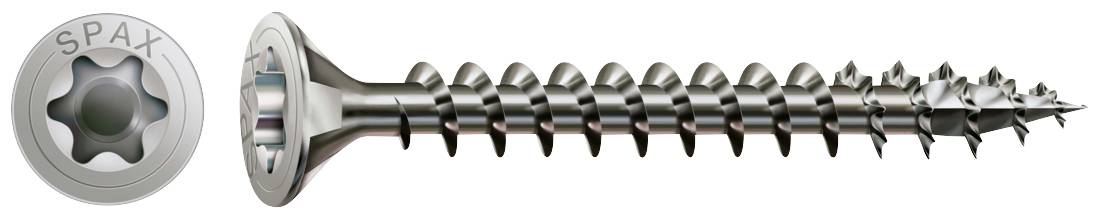 A metal screw with a star-shaped head and sharp threads. On the left is a top view of the screw head with a 'SPAX' marking.
