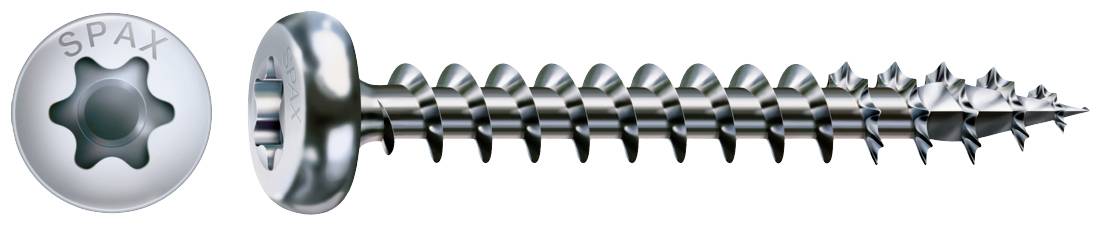 A silver chipboard screw with a hex round head and sharp thread. On the left is a view of the head with the embossed marking 'SPAX'.