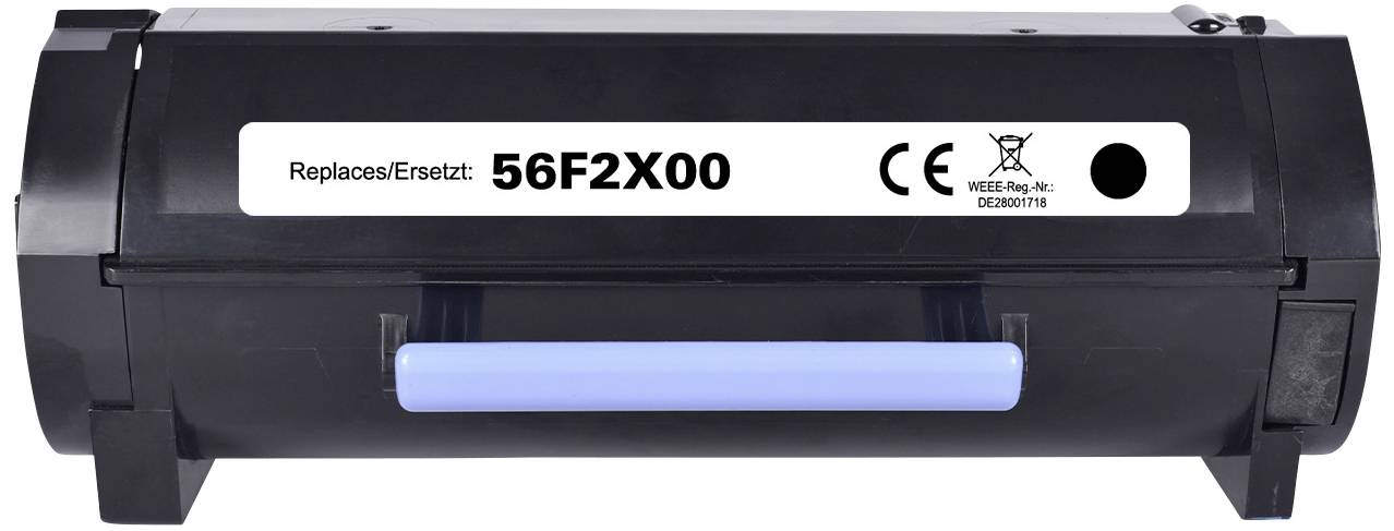 A black toner with the inscription 'Replaces/Replaces: 56F2X00', suitable for use in compatible printer models.