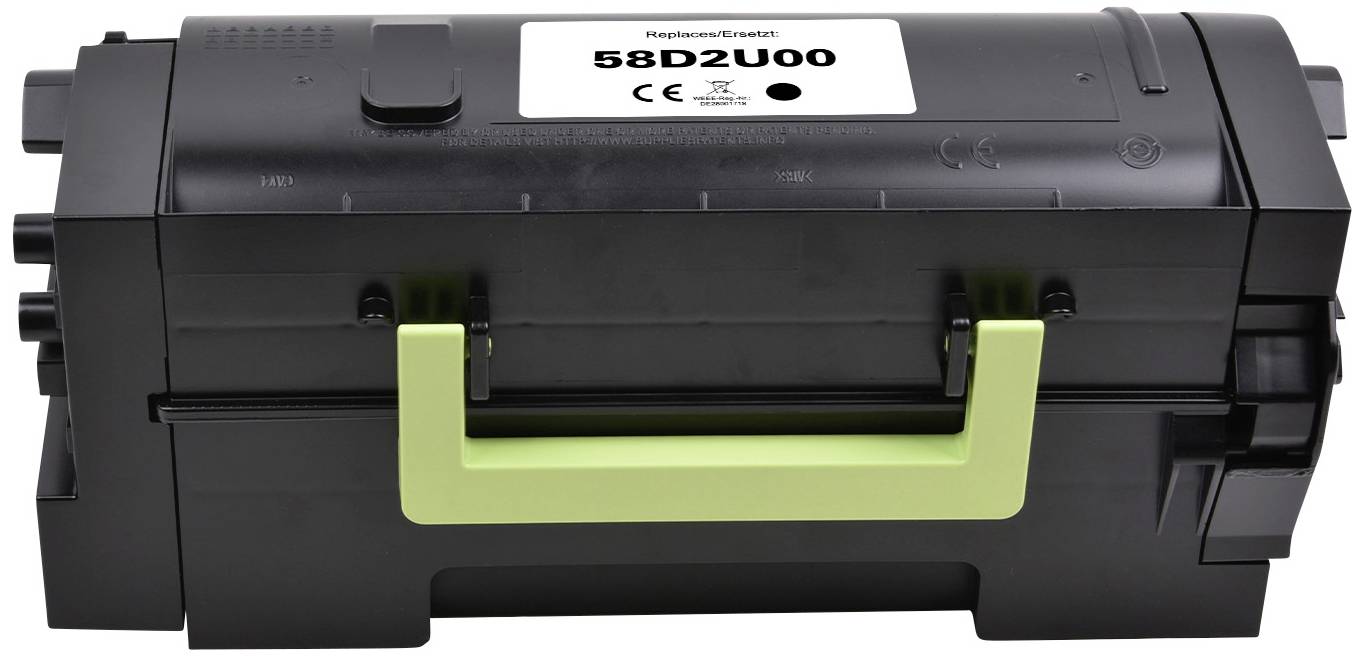 Printer cartridge labelled '58D2U00' with a green handle, suitable for specific printer model types.