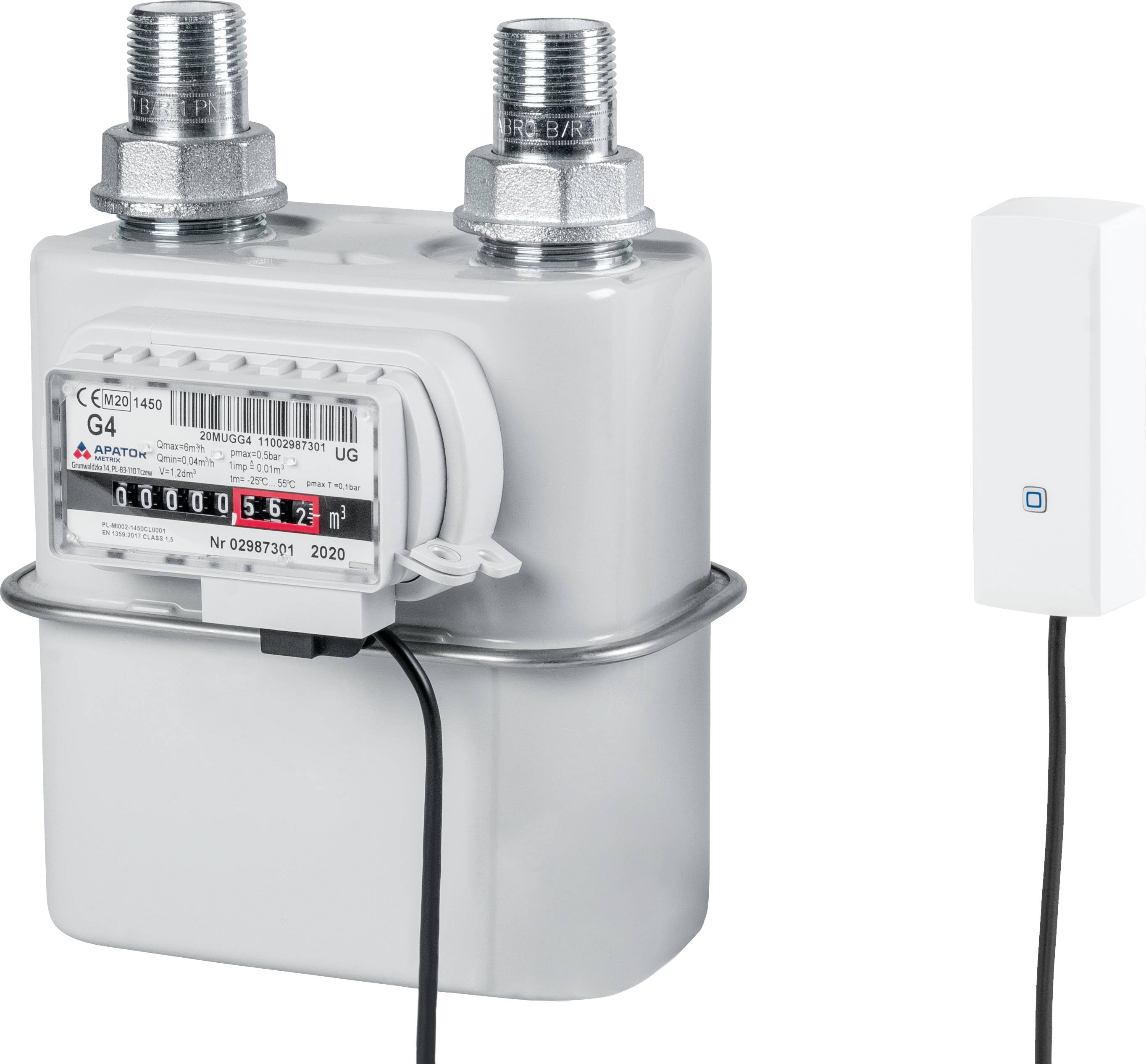 A gas meter with digital displays, connected to a white, rectangular device. The meter has two large connections at the top.