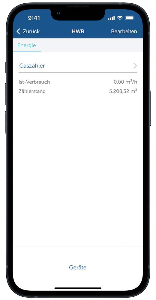 Smartphone app screen shows 'HWR' and 'Gas meter'. Current consumption: 0.00 m³/h. Meter reading: 5,208.32 m³. Options: Edit, Devices.