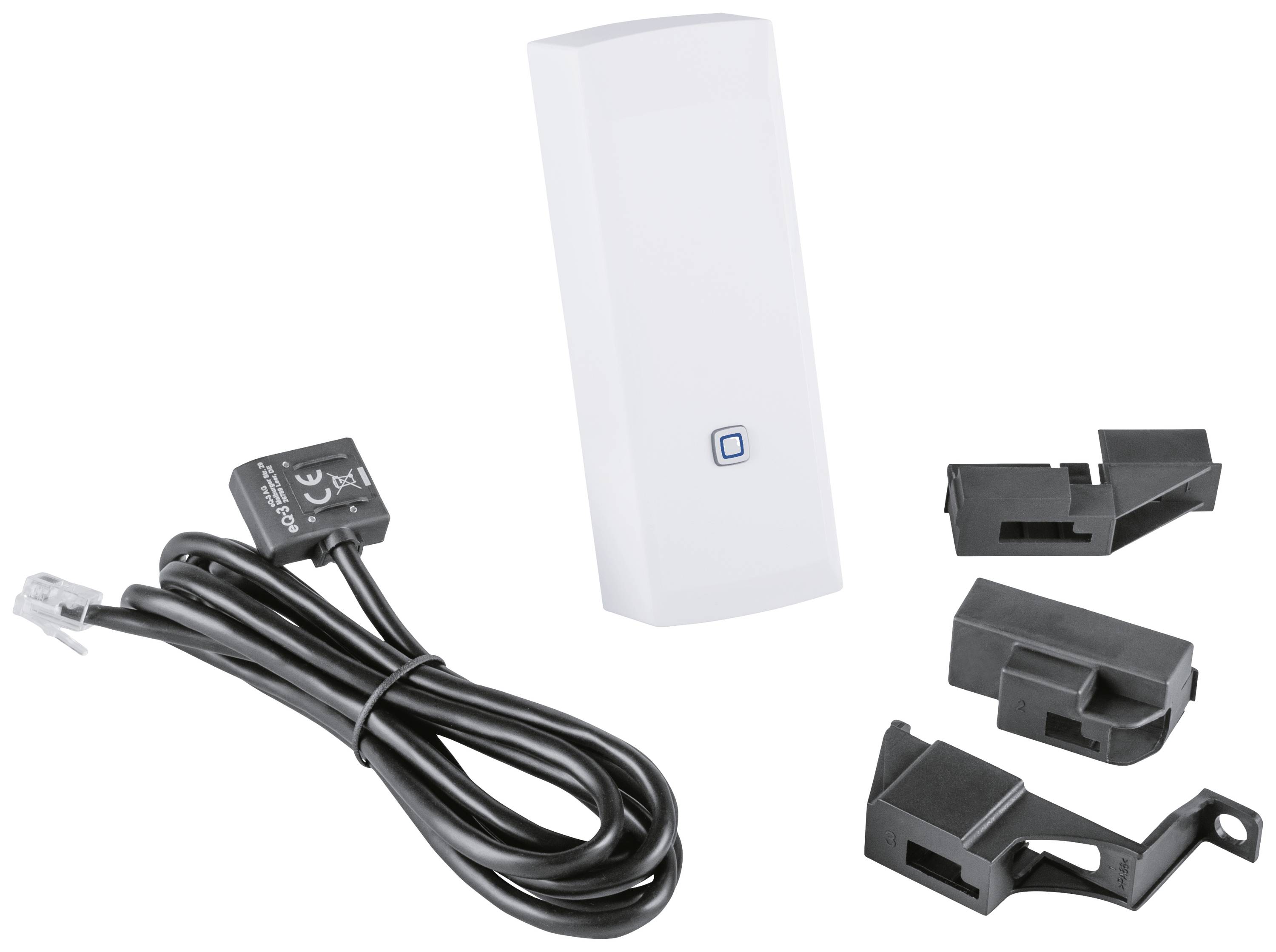 A white device with a cable and two black clips. Used for control or installation in technical applications.