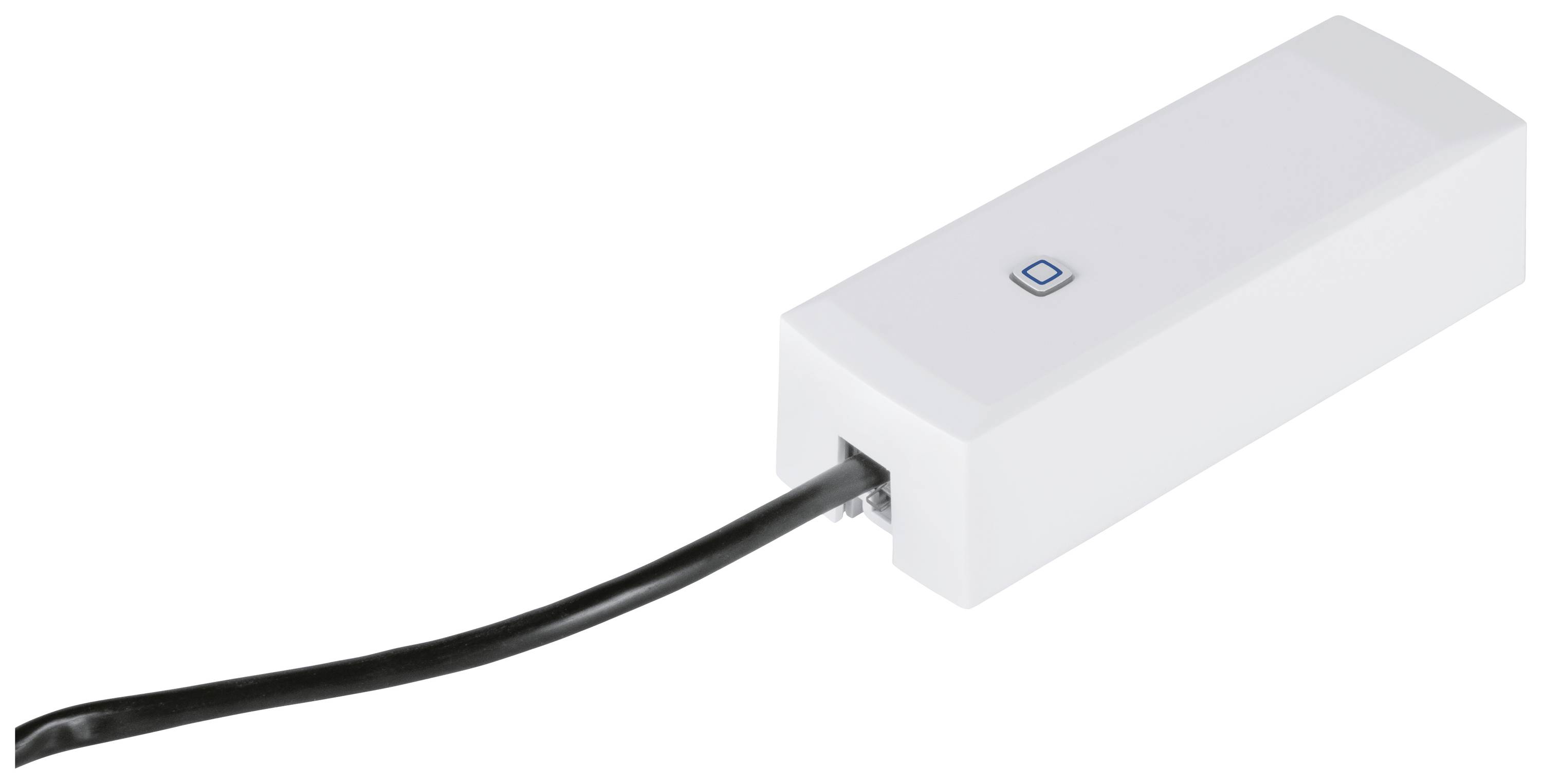 White rectangular cable box with a blue symbol on the top surface, from which a black cable extends.