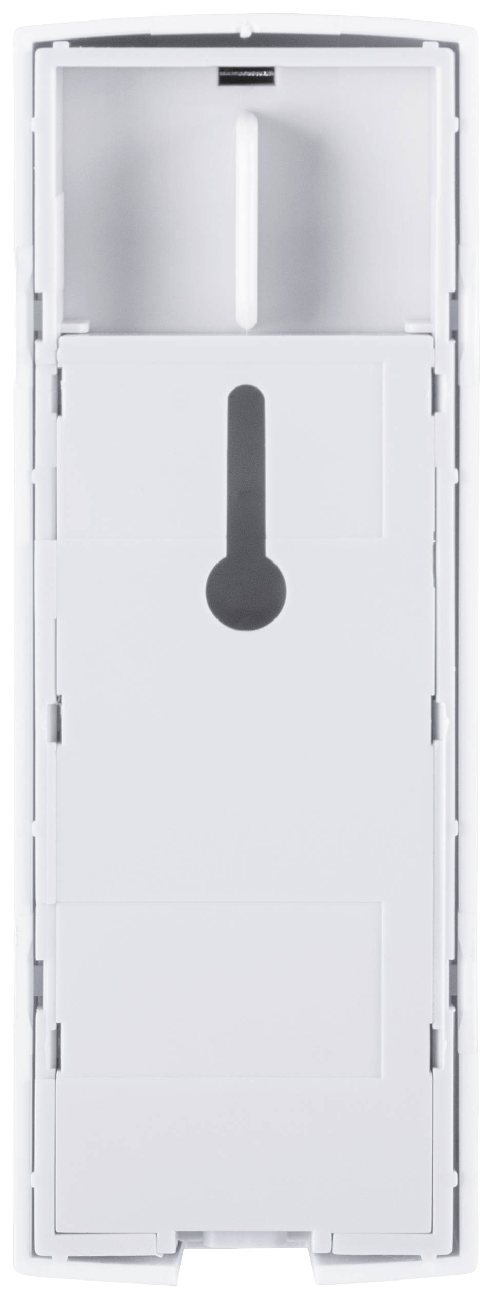 A white plastic soap dispenser with a viewing window and a lever for operation.