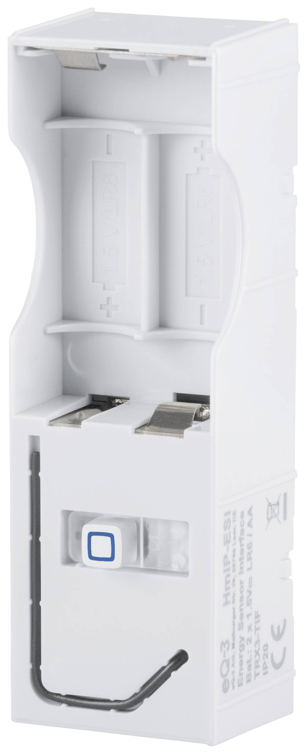 White, empty battery compartment adapter with positive and negative pole markings and a blue switch in the centre.