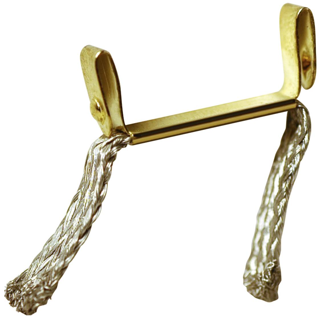 Metallisches Elektrozubehörteil mit zwei Löchern an den Enden, durch das zwei isolierte Kabel verlaufen. Verwendet für elektrische Verbindungen.