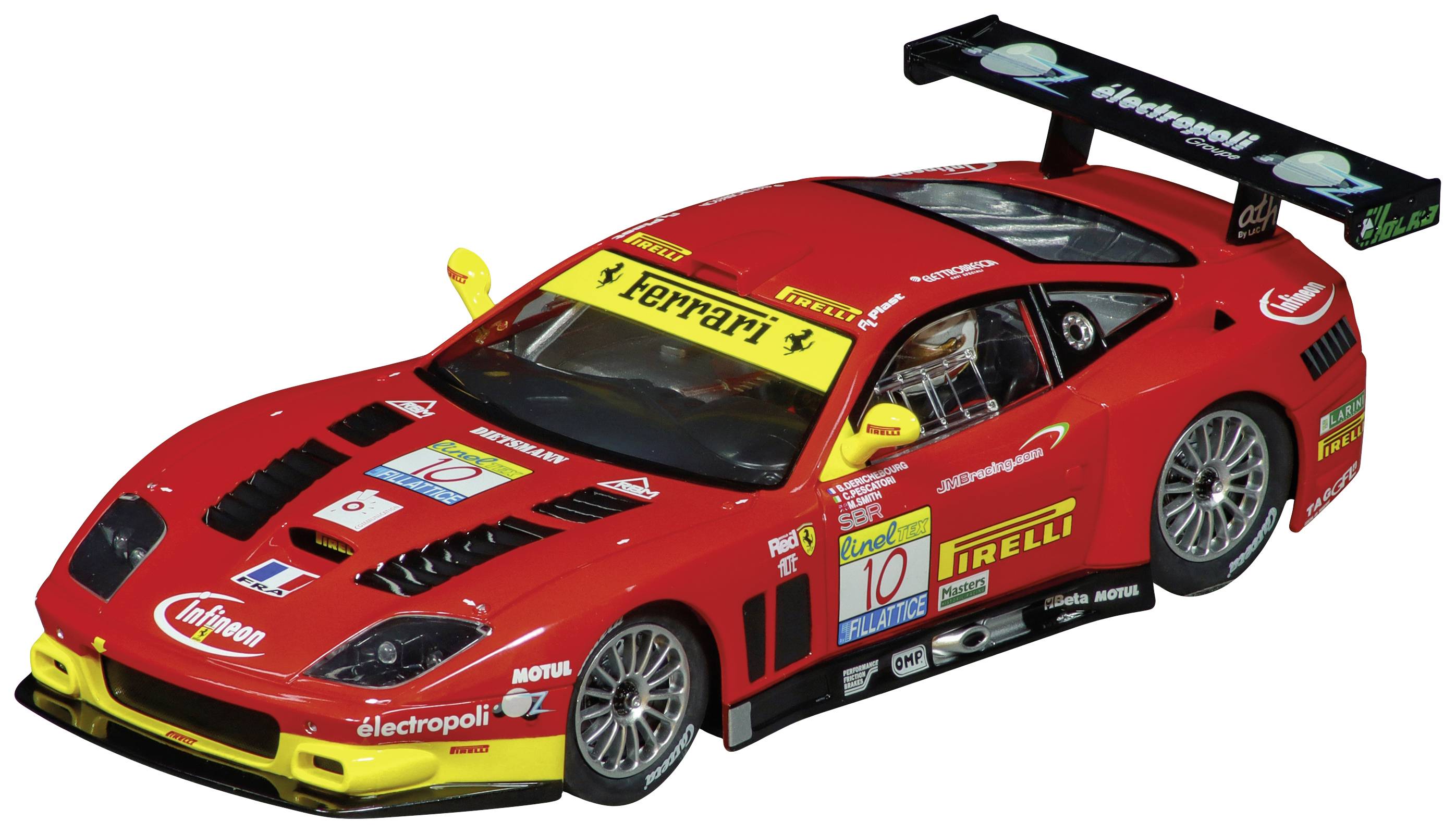 A red racing toy car with a Ferrari logo and advertising stickers on the bodywork. It has a large rear spoiler.