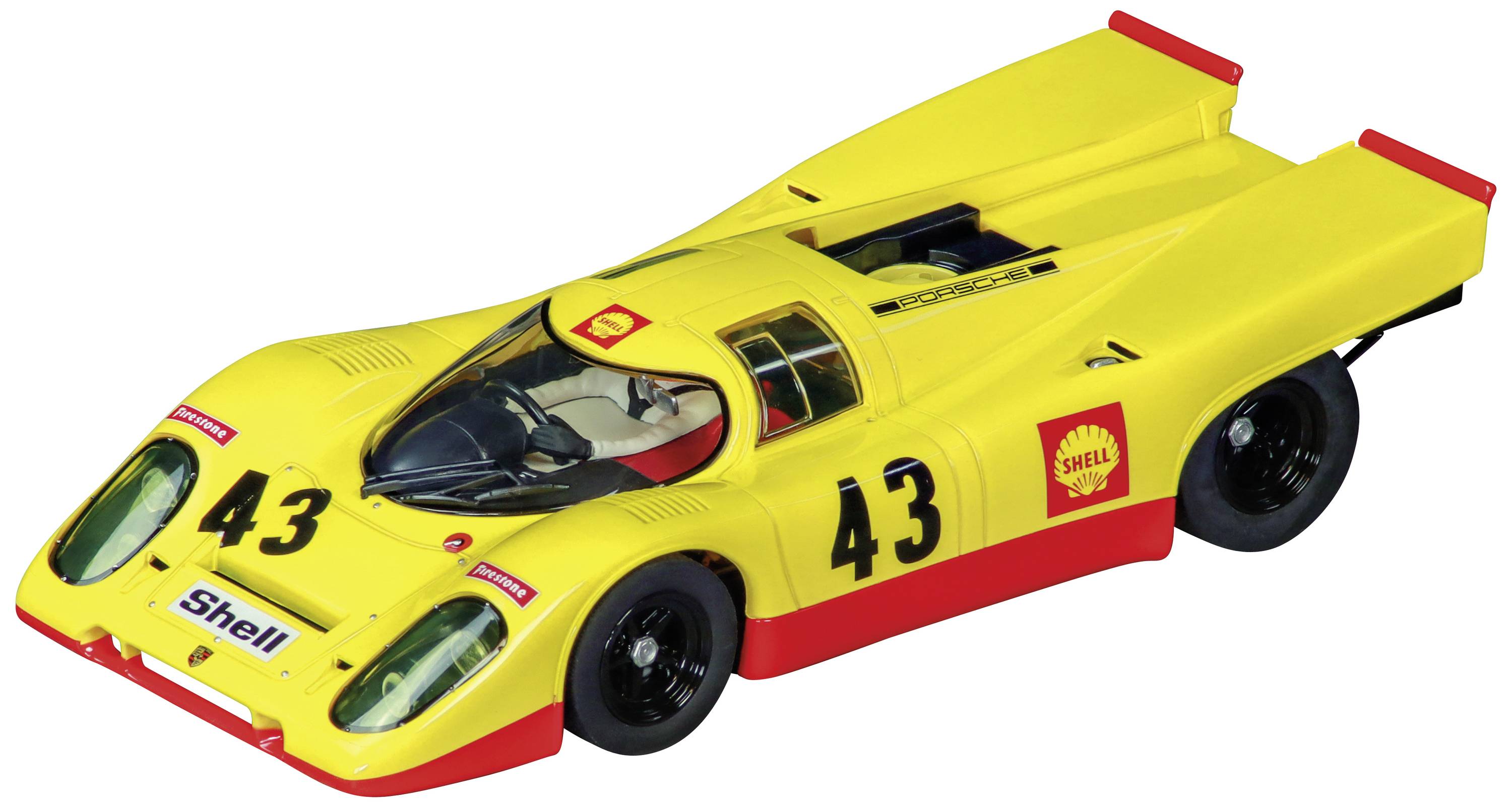 Yellow toy racing car with the number 43 and Shell logo on the side, in the style of a racing car.