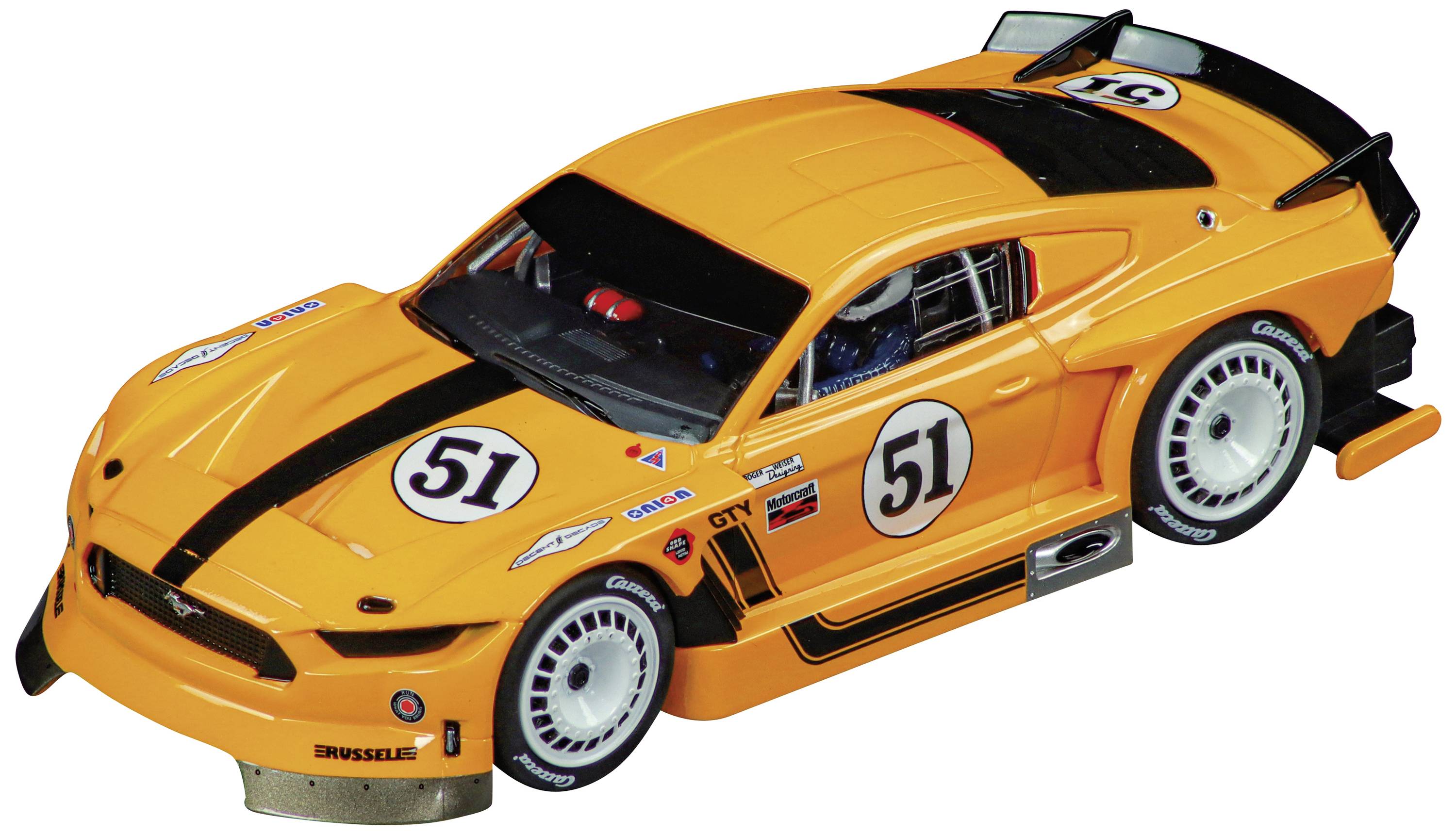 An orange racing toy car with the number 51 on the door and bonnet. The car has black details and racing stripes.