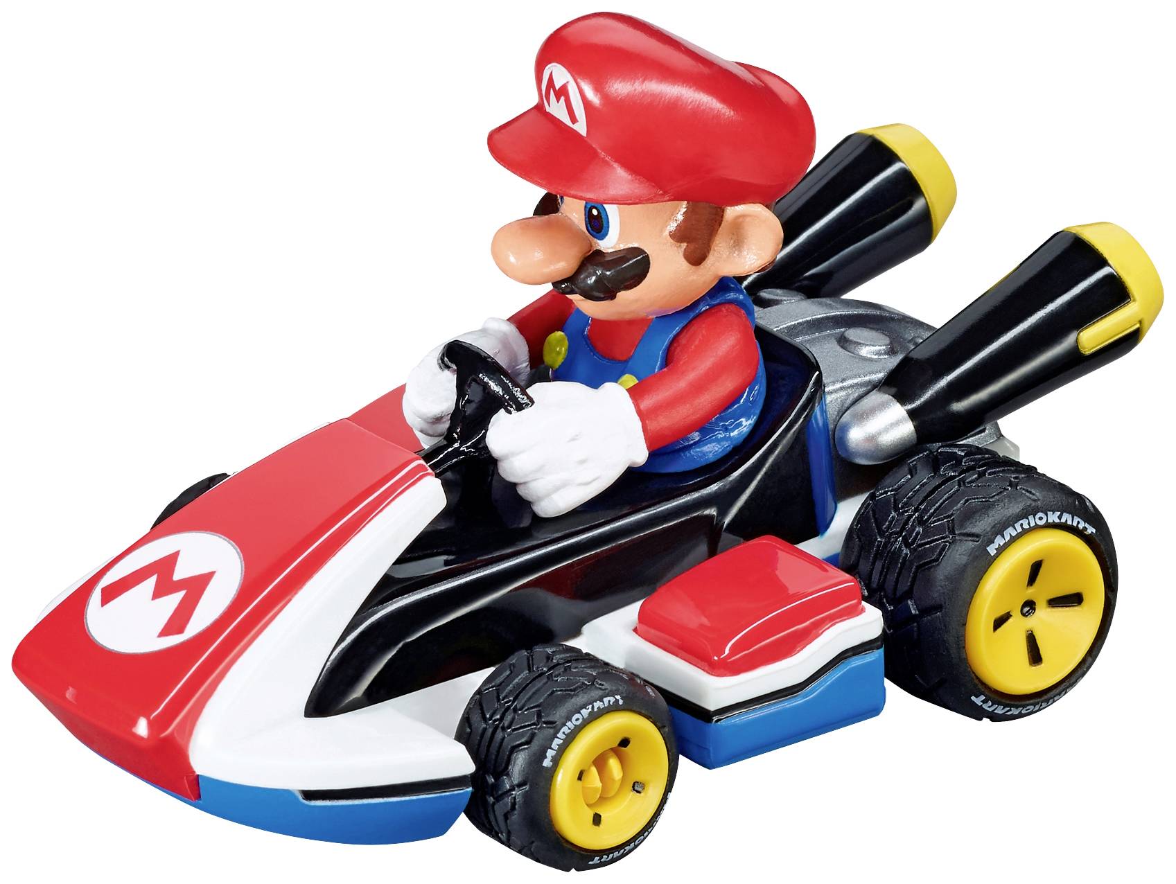 A toy car with a figurine wearing red and blue clothing and a red cap, seated at the wheel, with large yellow wheels.