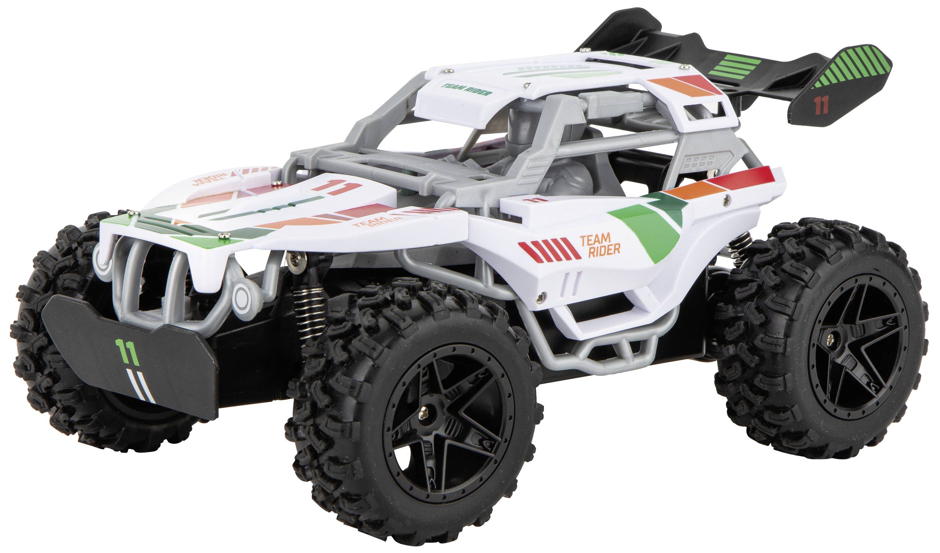 A white and red toy car with large black tyres and a 'Team Rider' inscription. It has a sporty design.