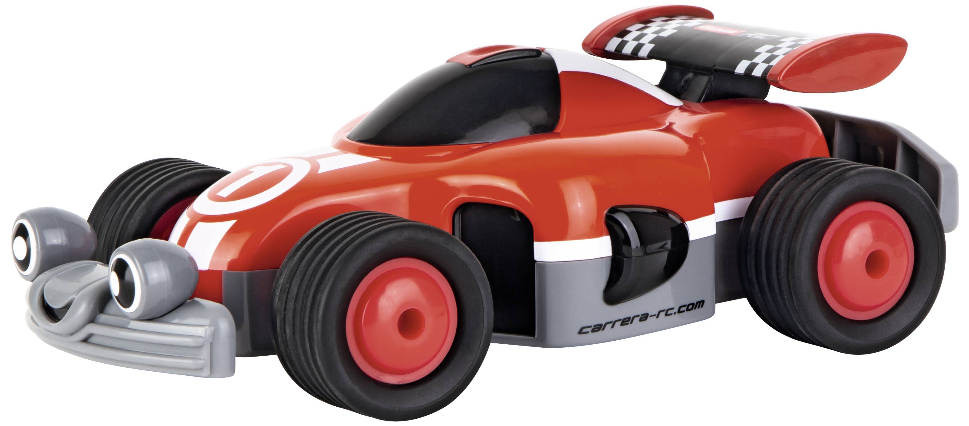 Red toy car with large wheels and black and white chequered patterns on the spoiler, depicted on a white background.
