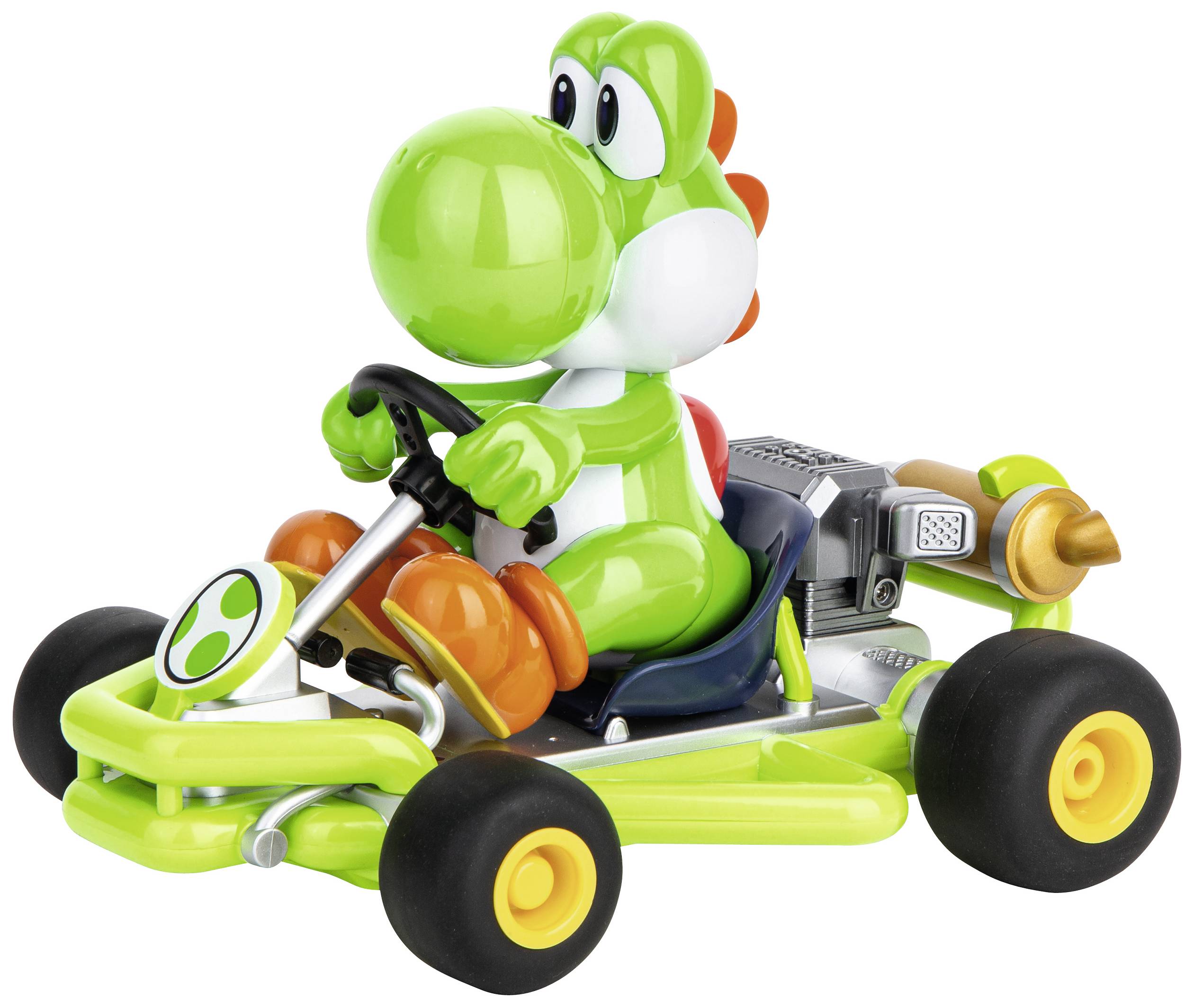 Green cartoon dinosaur figure in a small go-kart, smiling and holding the steering wheel. Mood cheerful and playful.
