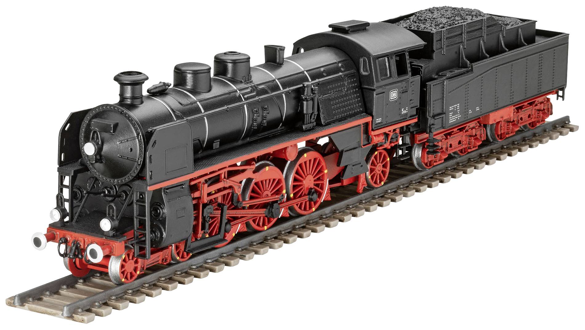 Black steam locomotive with a red chassis on a track, meticulously modelled, with an open tender full of coal.