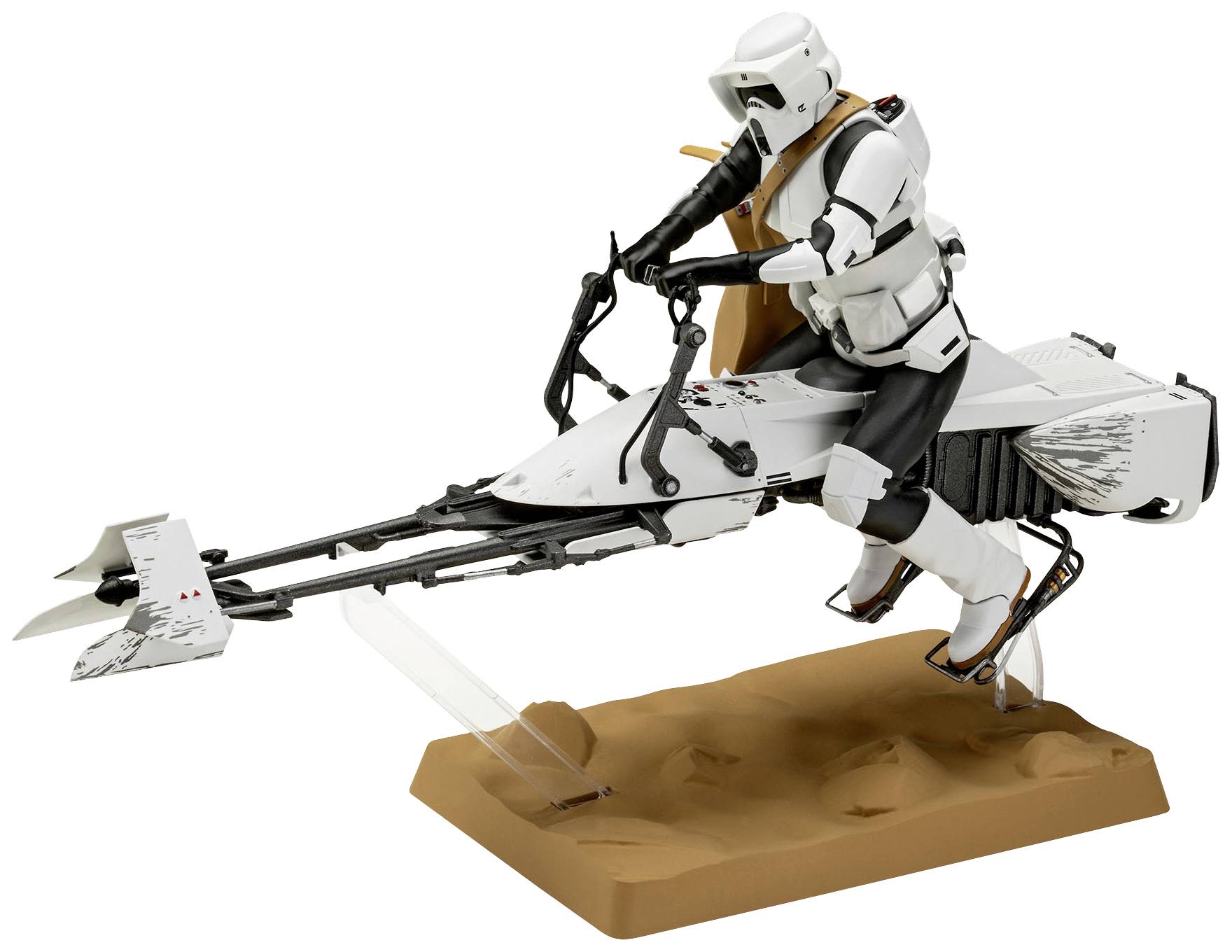 A white futuristic police officer on a hovering motorbike, equipped with armour and helmet, on a sand-coloured base.