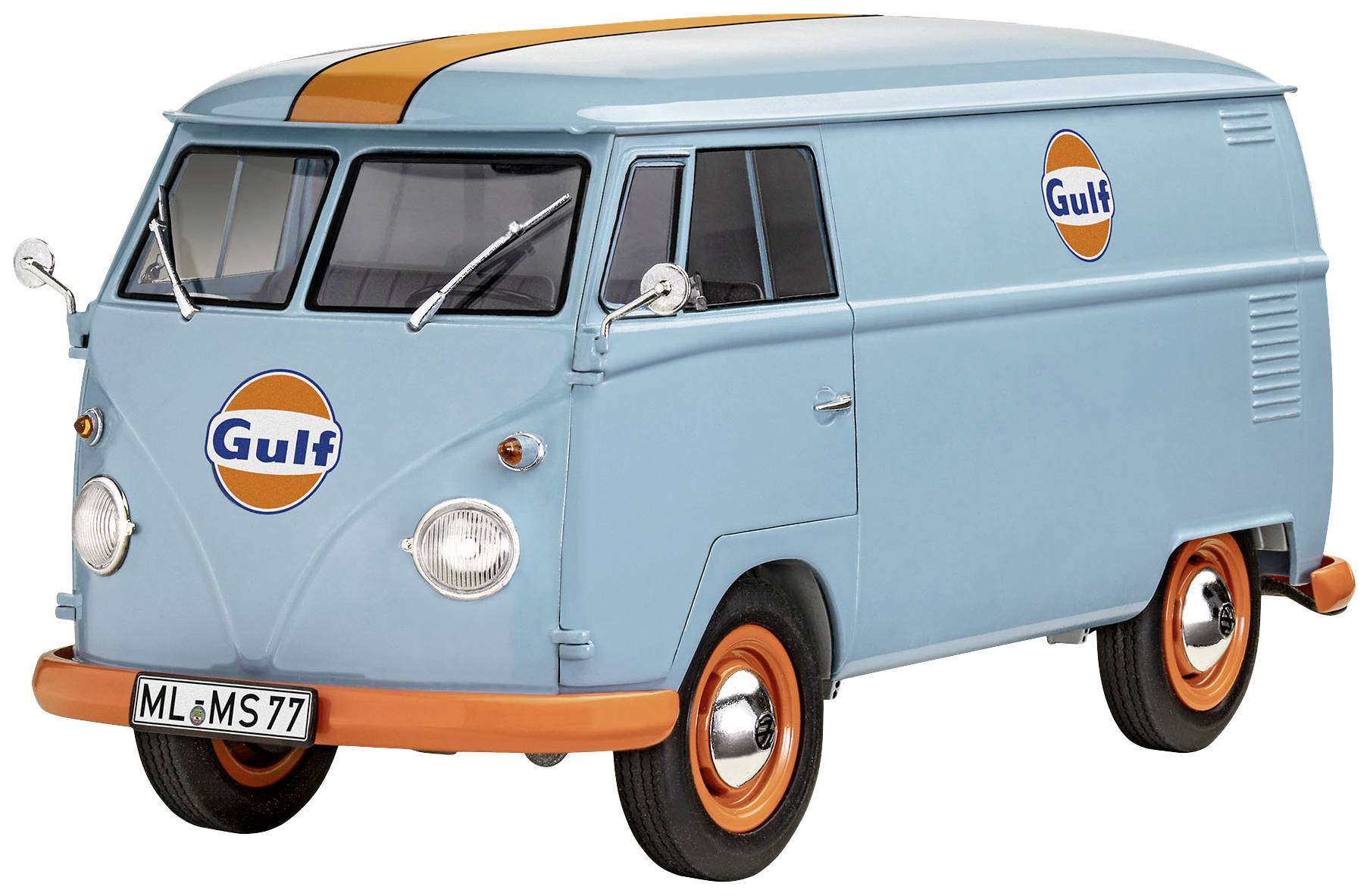 A light blue retro delivery van with Gulf logo, side view. Orange accents on the front and wheels, number plate 'ML MS 77'.