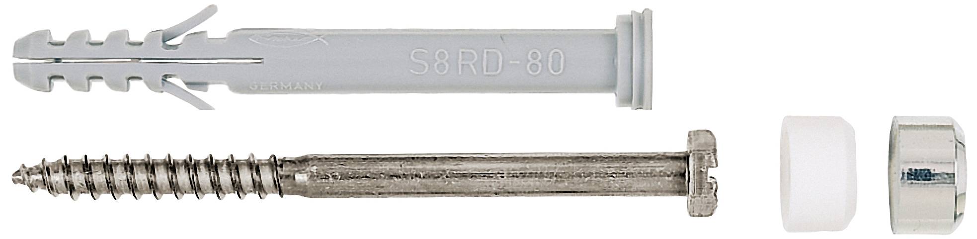 A grey wall plug, a screw, and two plastic rings for mounting objects on walls.