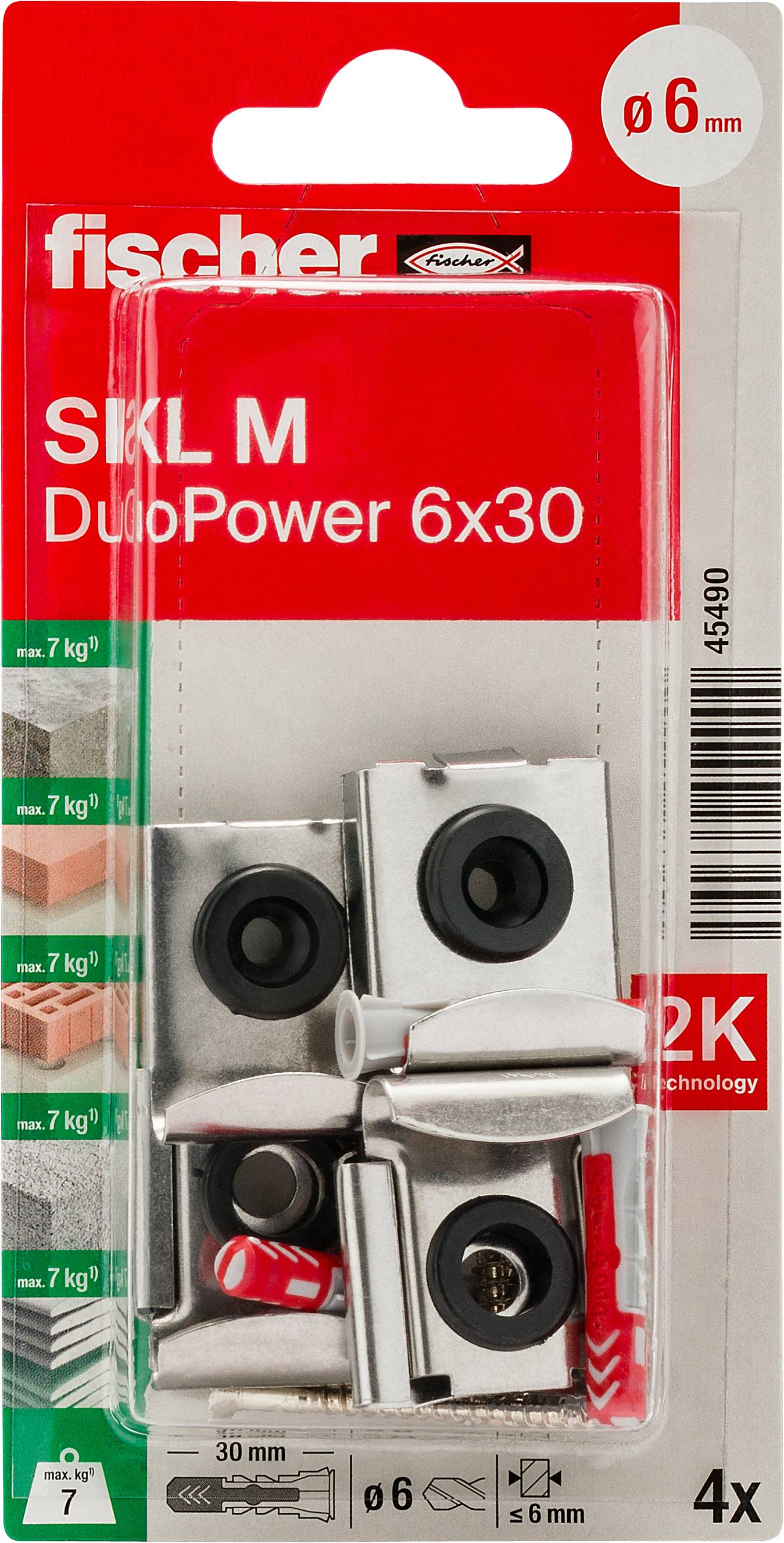 'Pictured are a plastic wall plug and a metal screw. The wall plug is red-grey with a 'fischer' print, and the screw has a cross-head profile.'