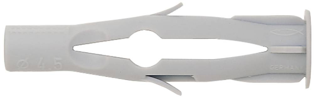 A grey cavity wall plug used for securing screws in walls. It has a special shape for firm anchorage.